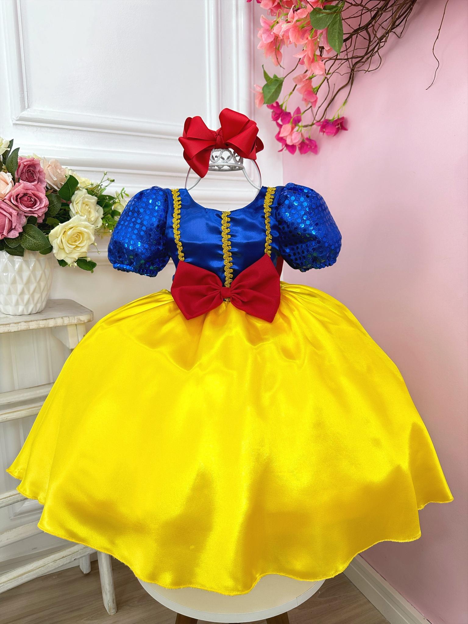 Vestido Infantil Branca de Neve Amarelo C/ Aplique Laço