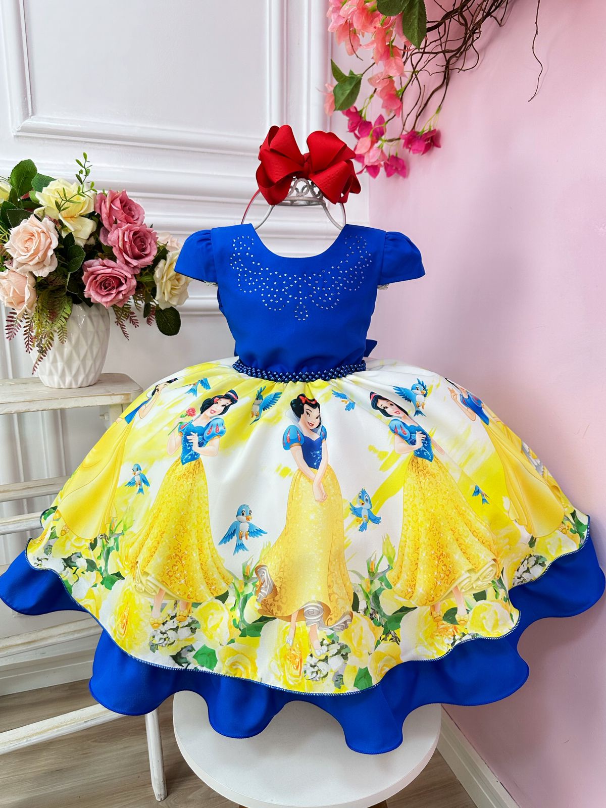 Vestido Infantil Branca de Neve Azul Amarelo C/ Cinto Pérolas