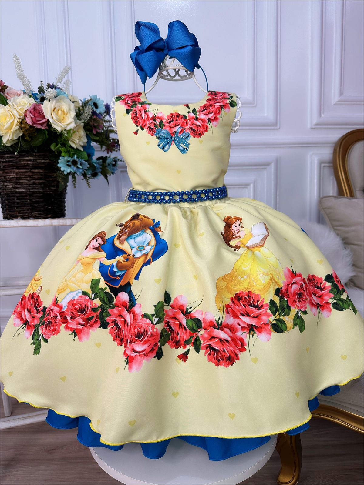 Vestido Infantil Bela e a Fera Amarelo e Azul C/ Pérolas