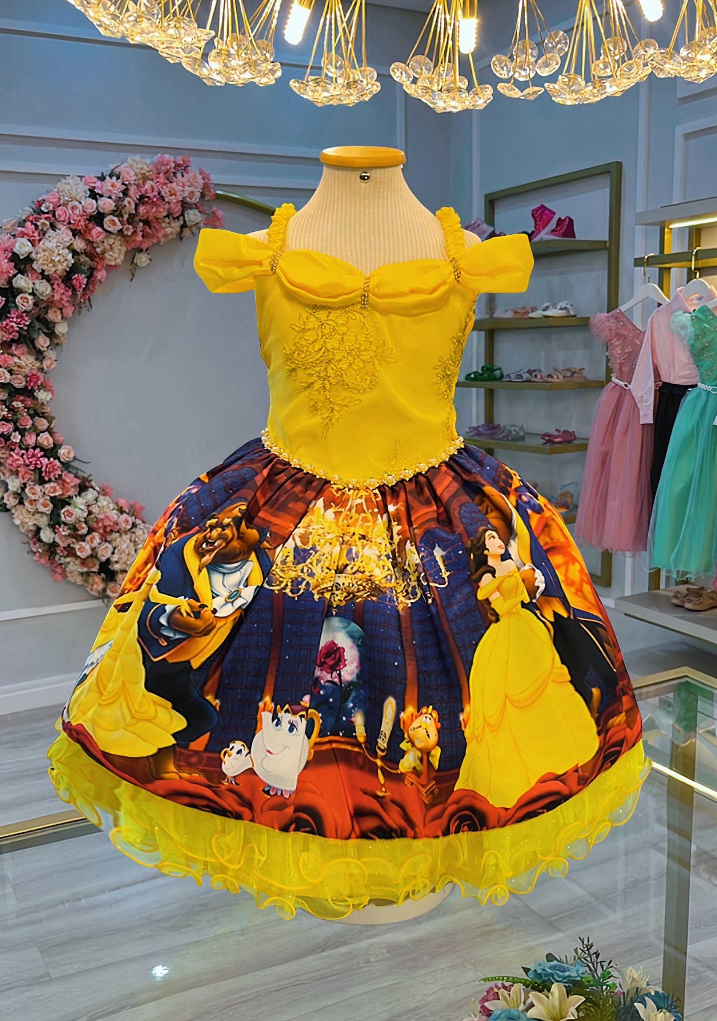 Vestido Infantil Bela e a Fera Azul e Amarelo C/ Renda Luxo