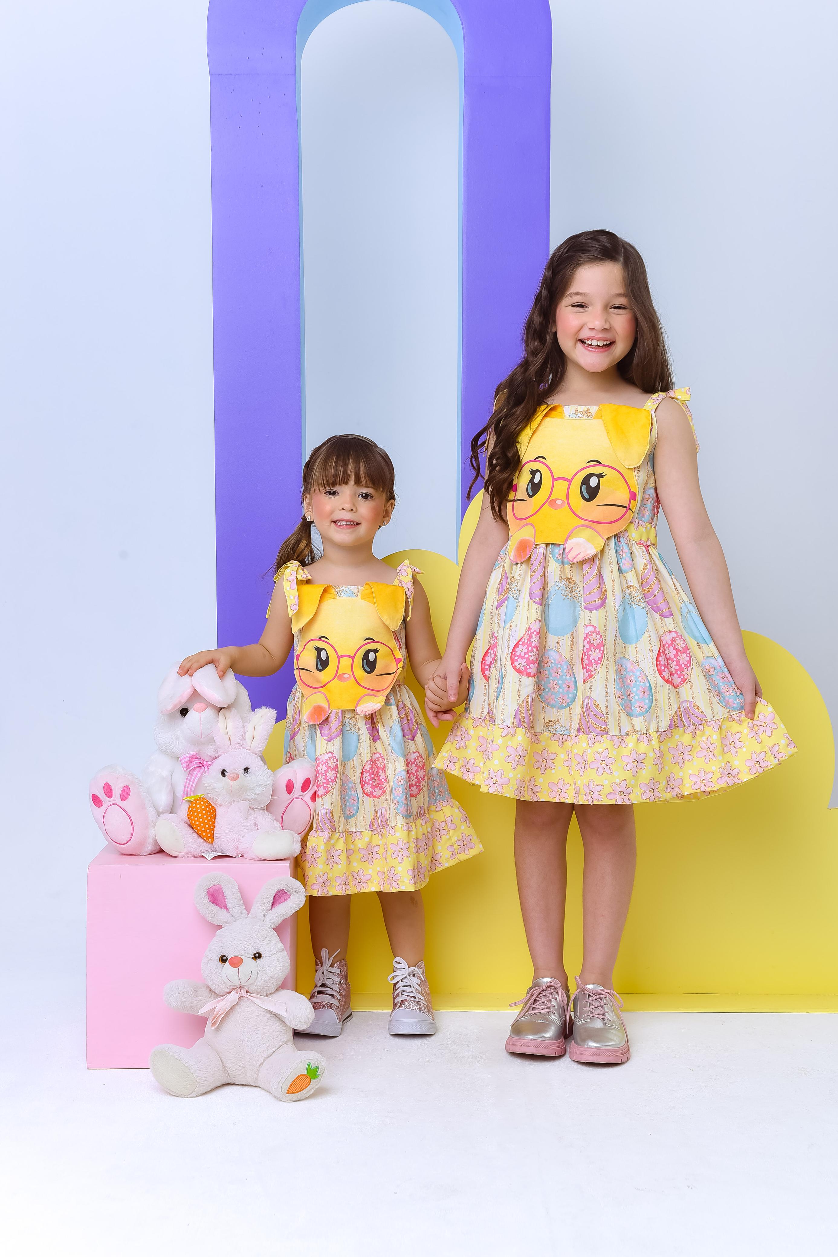 Vestido Infantil Coelhinho da Páscoa Amarelo Luxo Festas