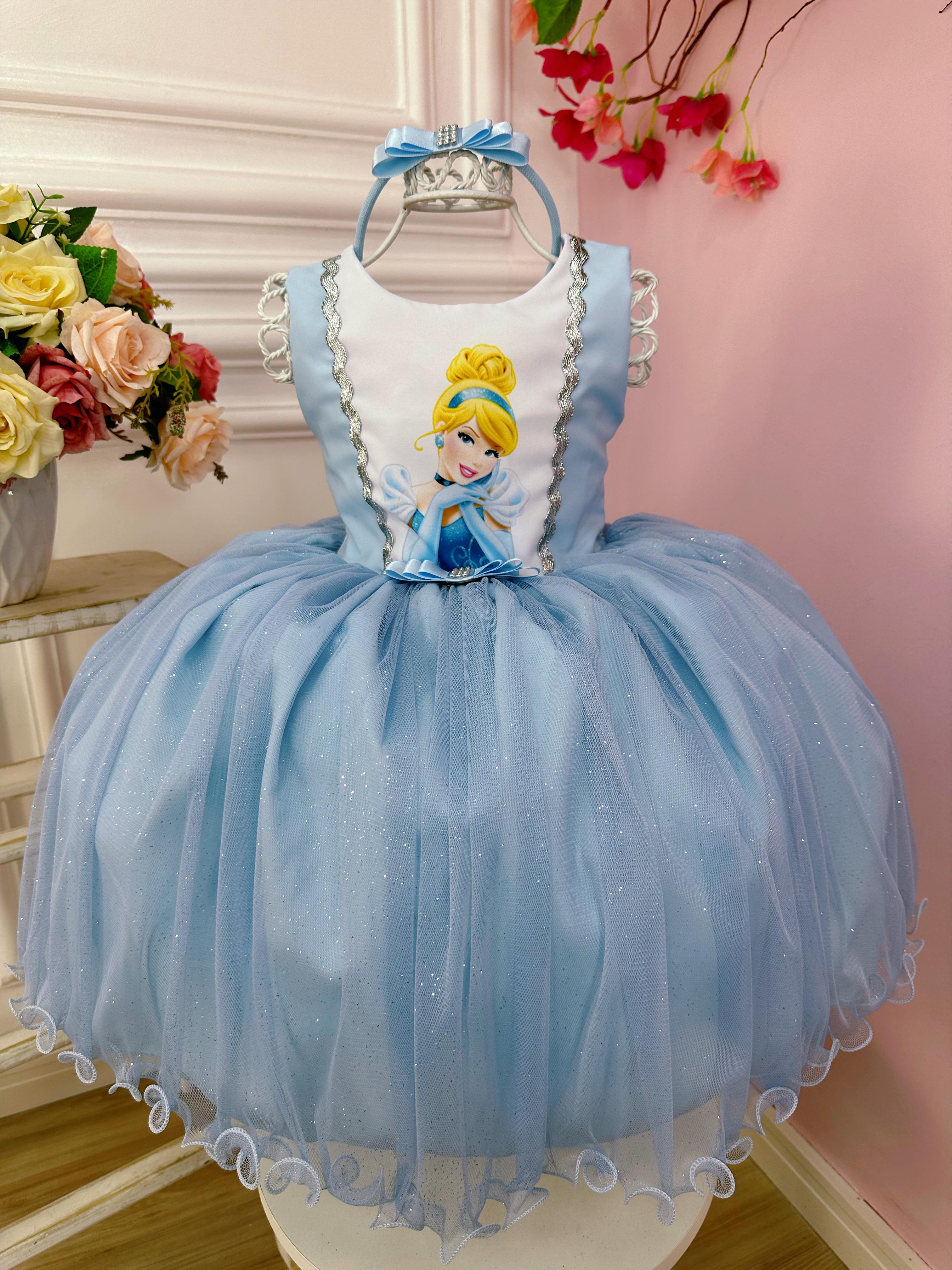 Vestido Infantil Azul Brilho Festas Princesa
