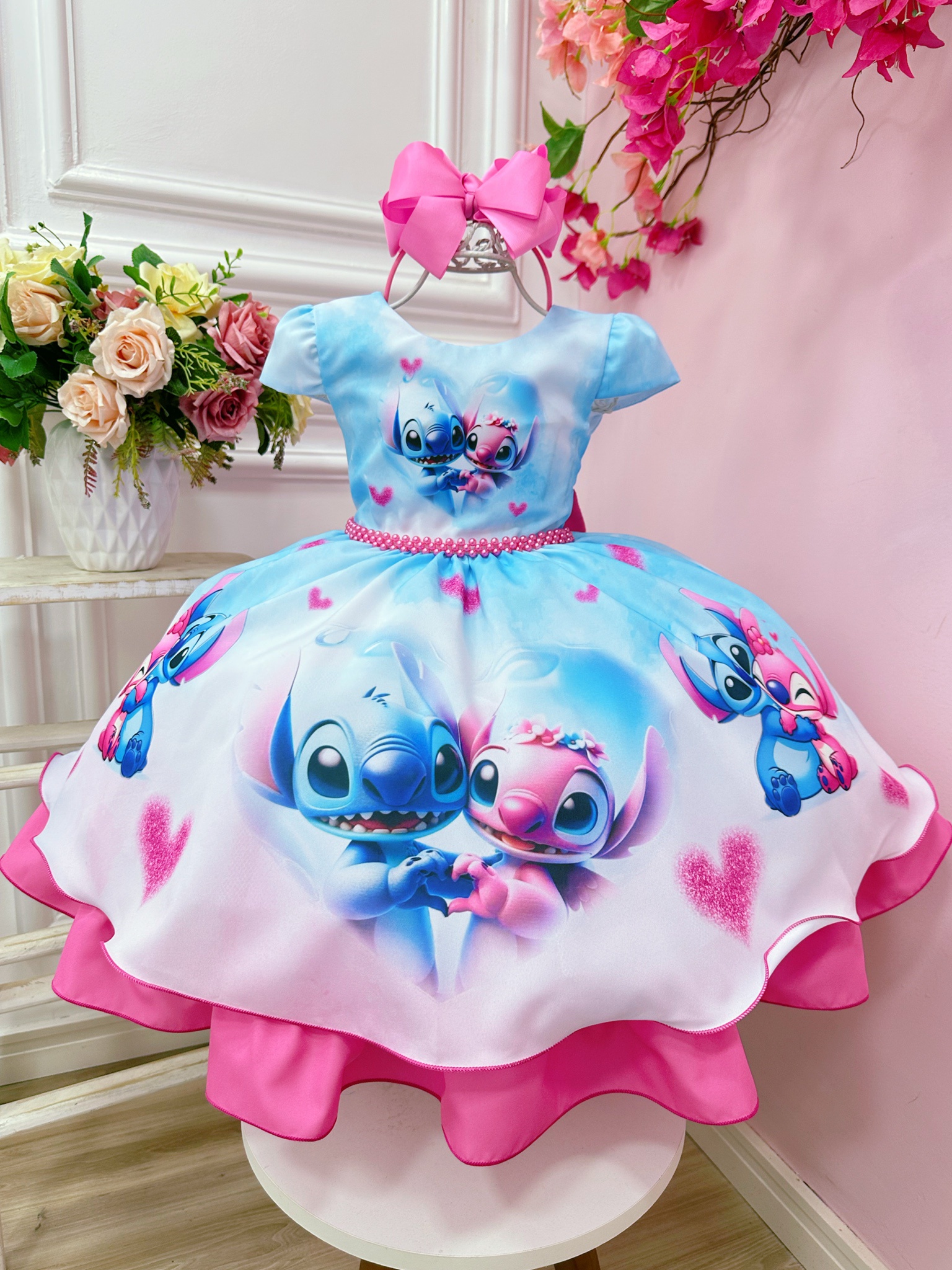Vestido Infantil Azul Lilo Stitch e Angel Apaixonados Festas