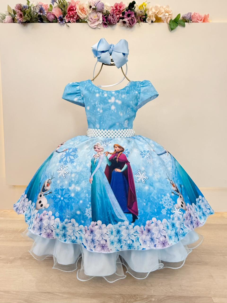 Vestido Infantil Azul Princesas Frozen Elsa Anna Festas