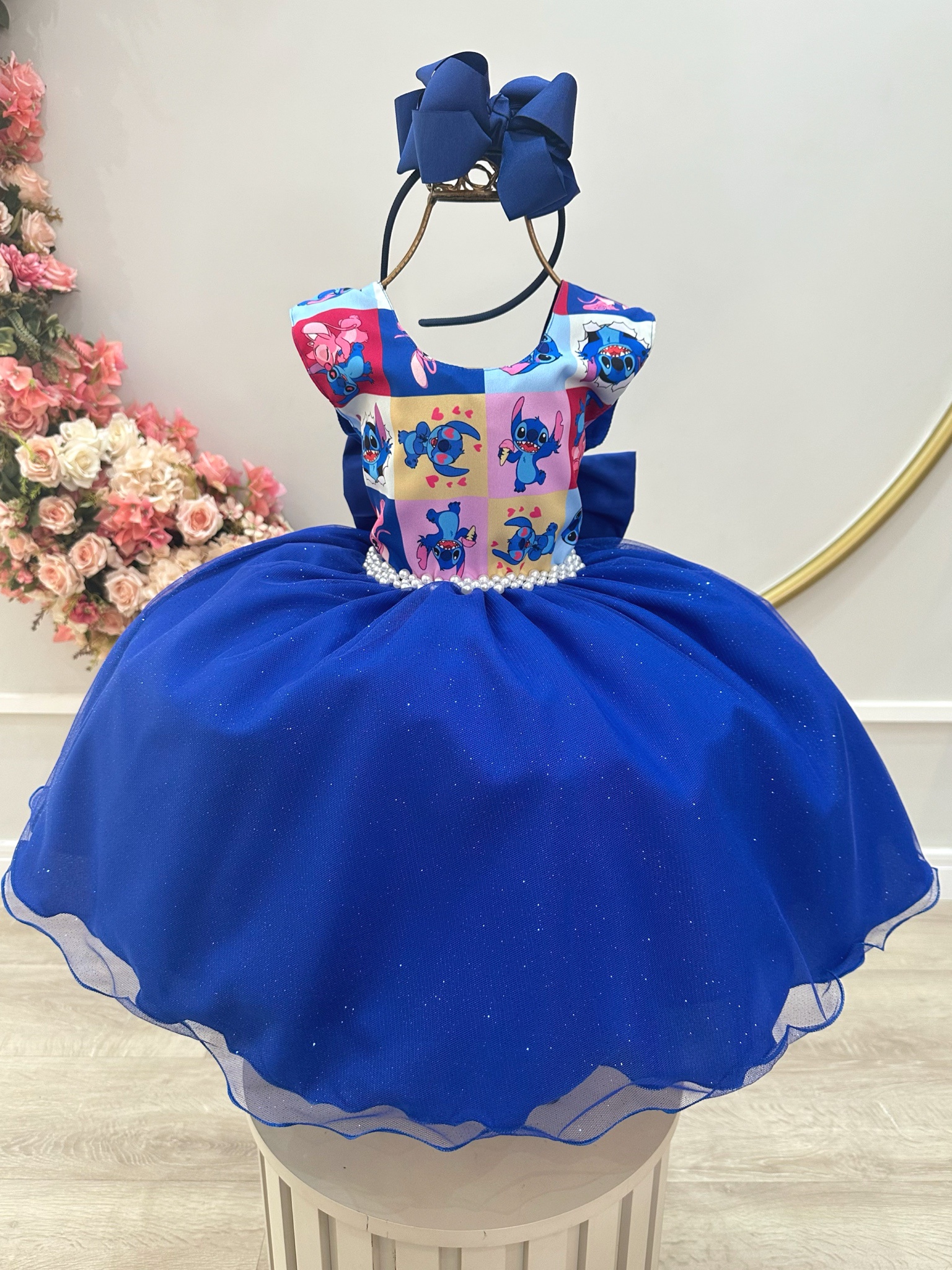 Vestido Infantil Azul Royal Lilo Stitch e Angel Festas