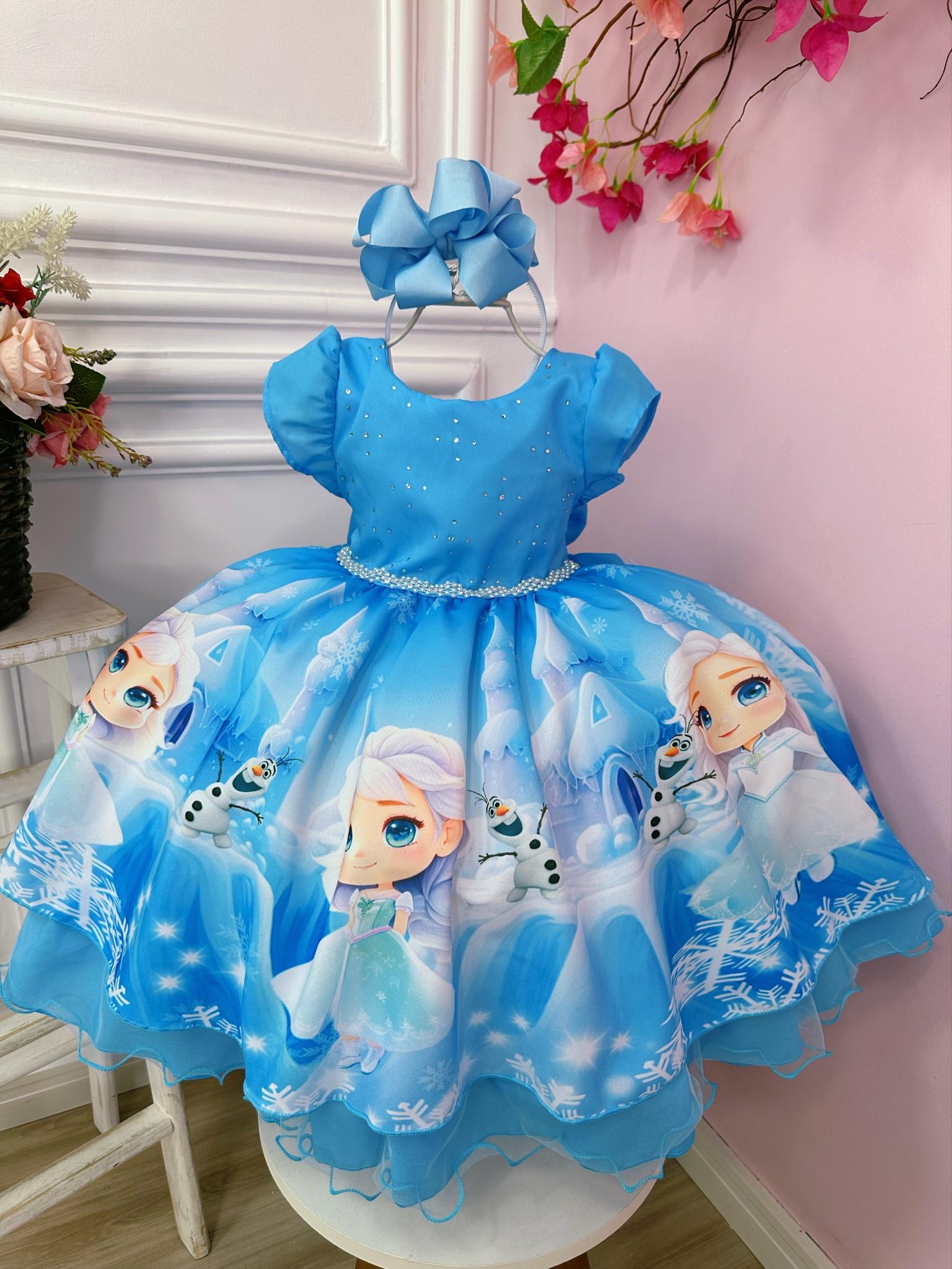 Vestido Infantil Frozen Azul Com Busto Strass Princesas Gelo