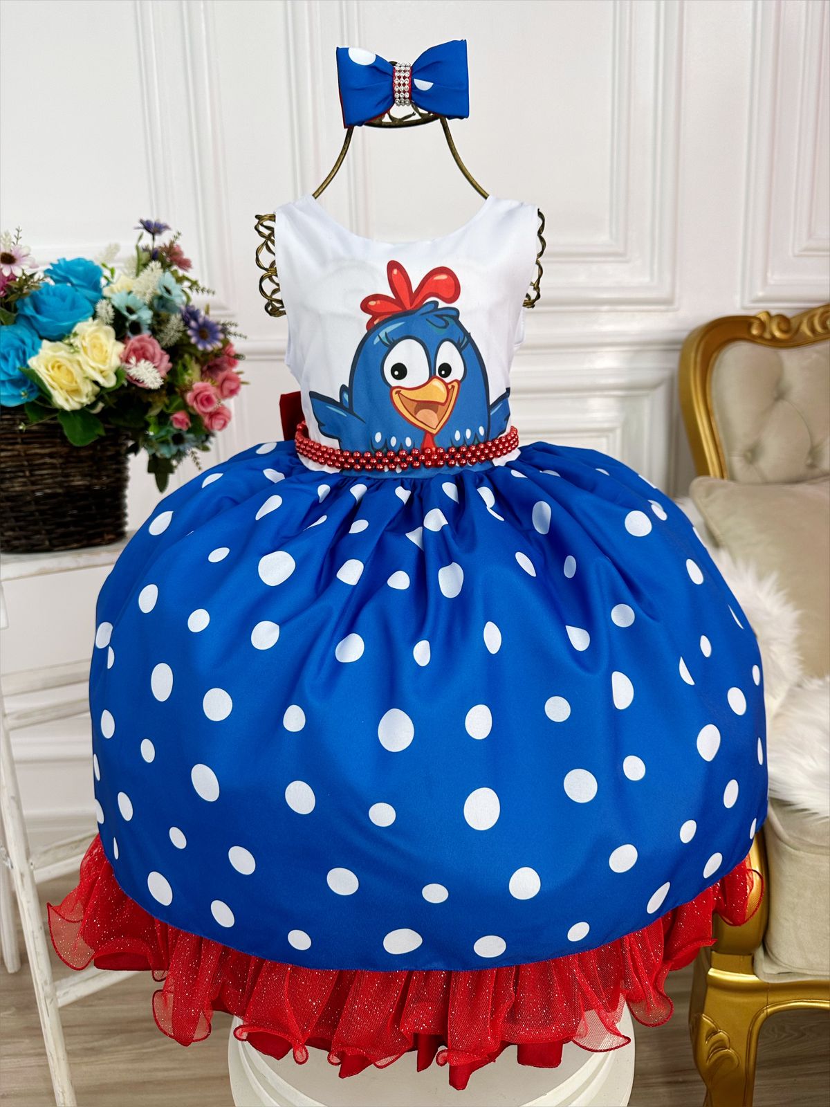 Vestido Infantil Galinha Azul e Vermelho Com Laço