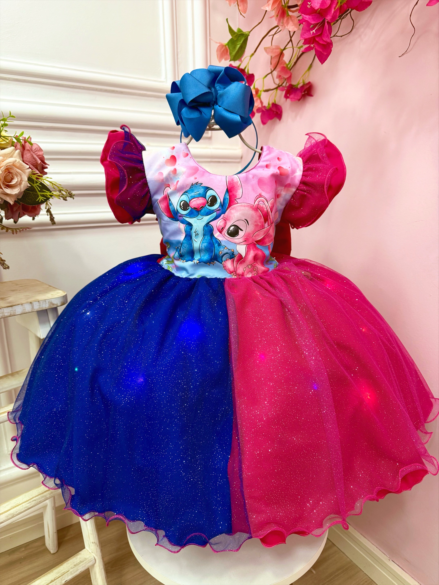Vestido Infantil Stitch Angel Pink Azul Glitter C/ Led Colorido