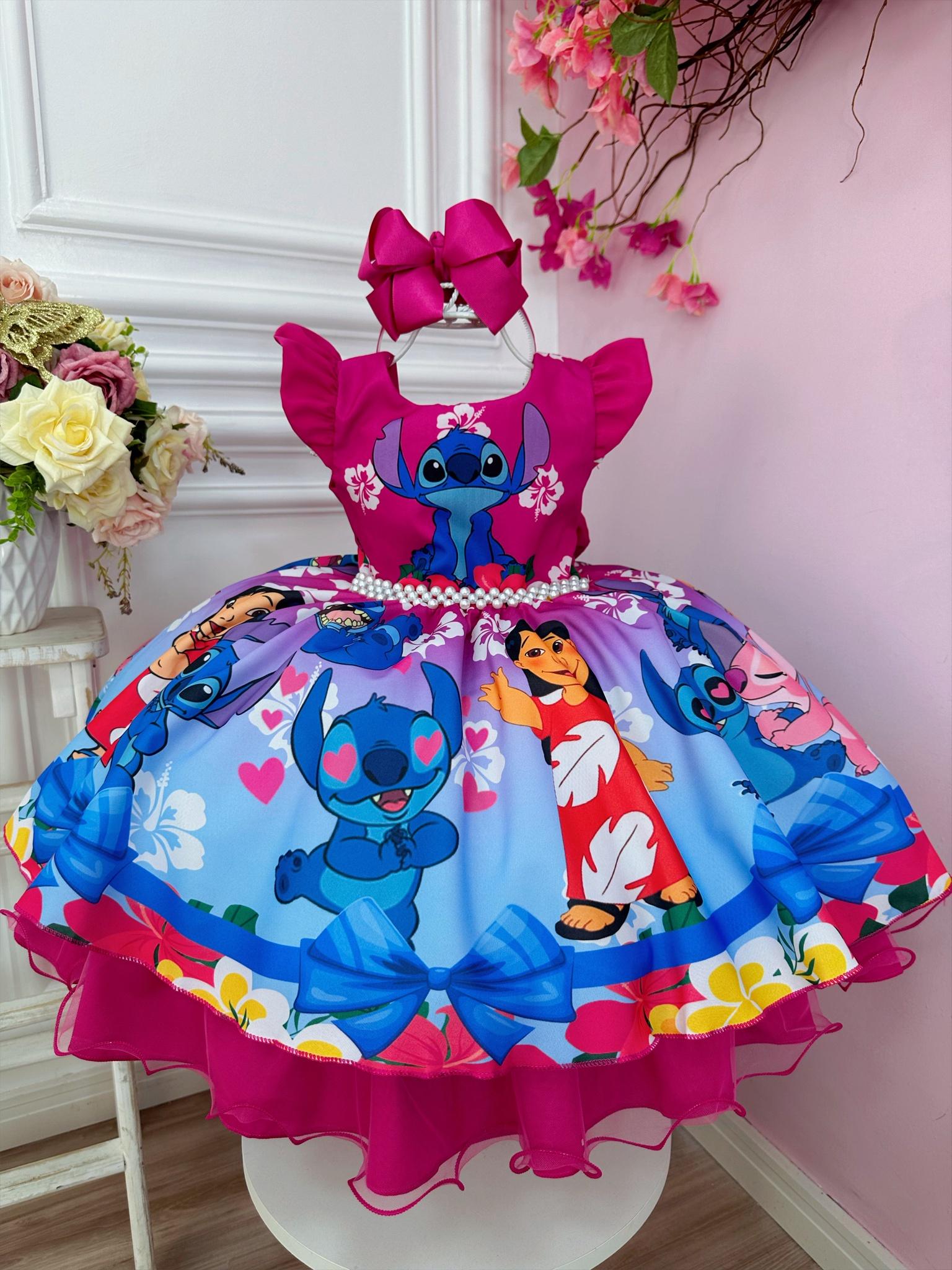 Vestido Infantil Lilo Stitch Angel Pink e Azul Cinto Perolas