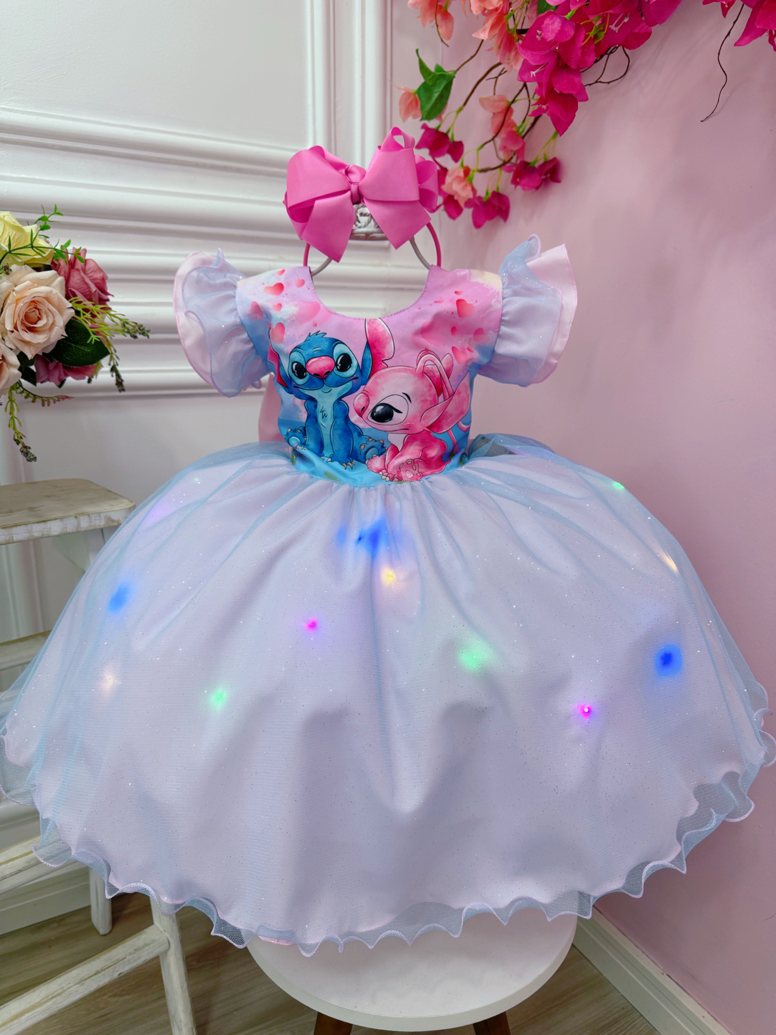 Vestido Infantil Lilo Stitch Angel Rosa Tule Azul Glitter C/ Led