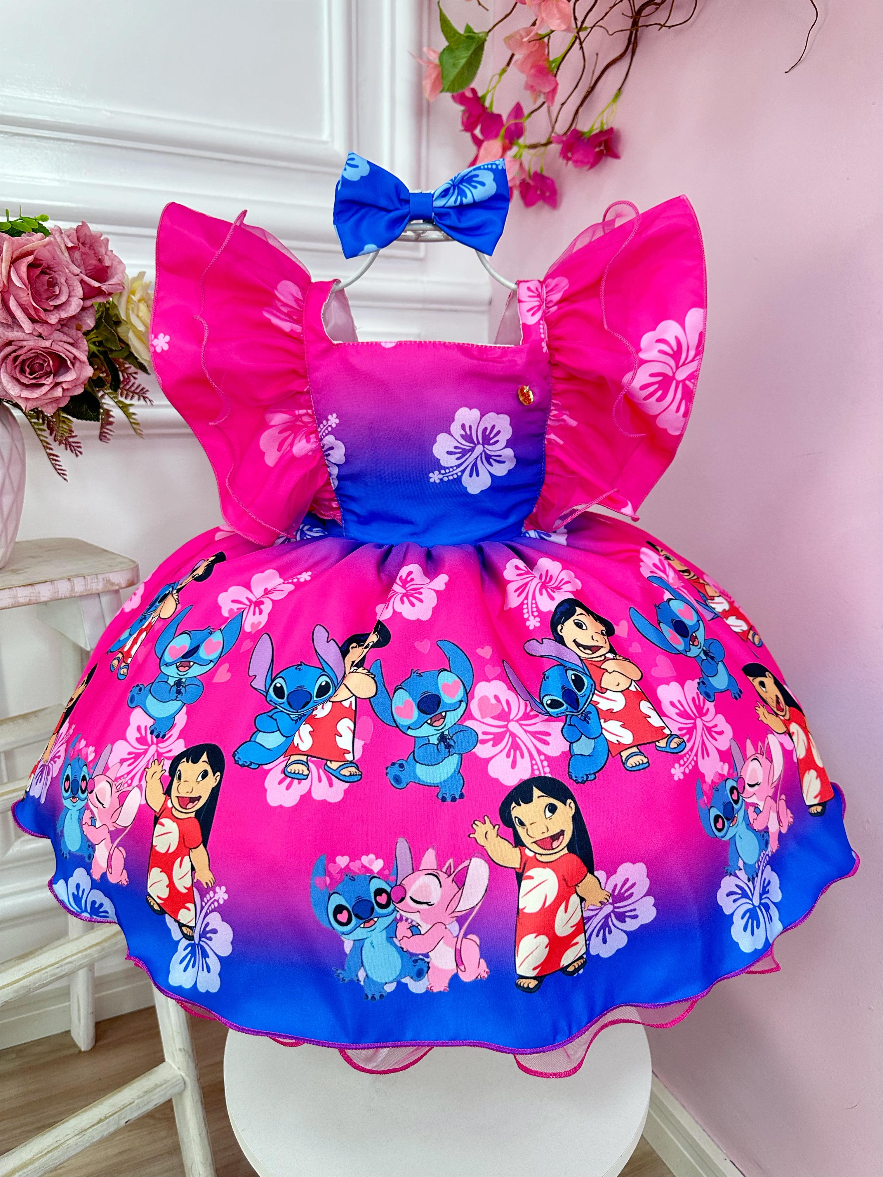 Vestido Infantil Lilo Stitch e Angel Pink Azul C/ Laço Festas