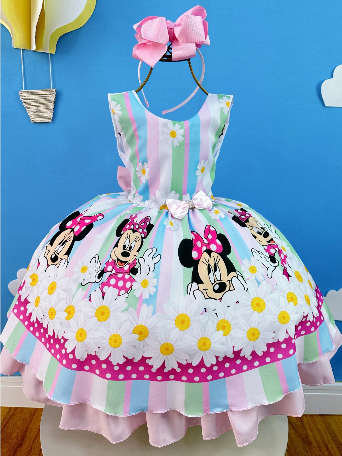 Vestido Infantil Minnie Rosa Colorido Floral Margaridas Luxo