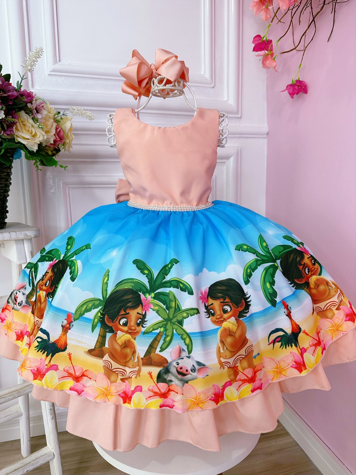 Vestido Infantil Moana Baby Pêssego e Azul Luxo Festa