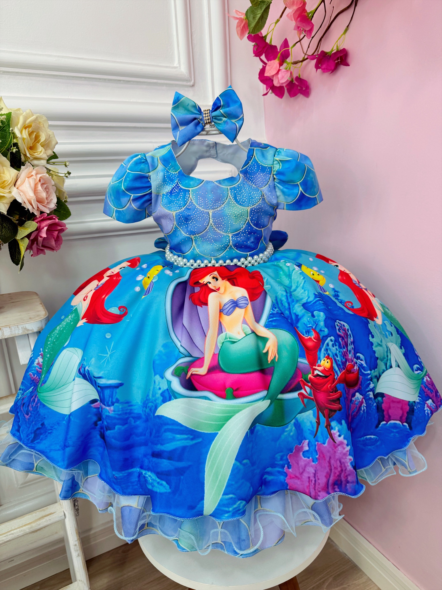 Vestido Infantil Pequena Sereia Ariel C/ Laço de Cabelo