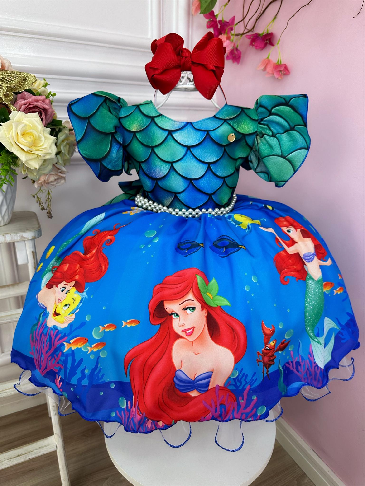 Vestido Infantil Princesa Ariel Sereia C/ Cinto Pérolas