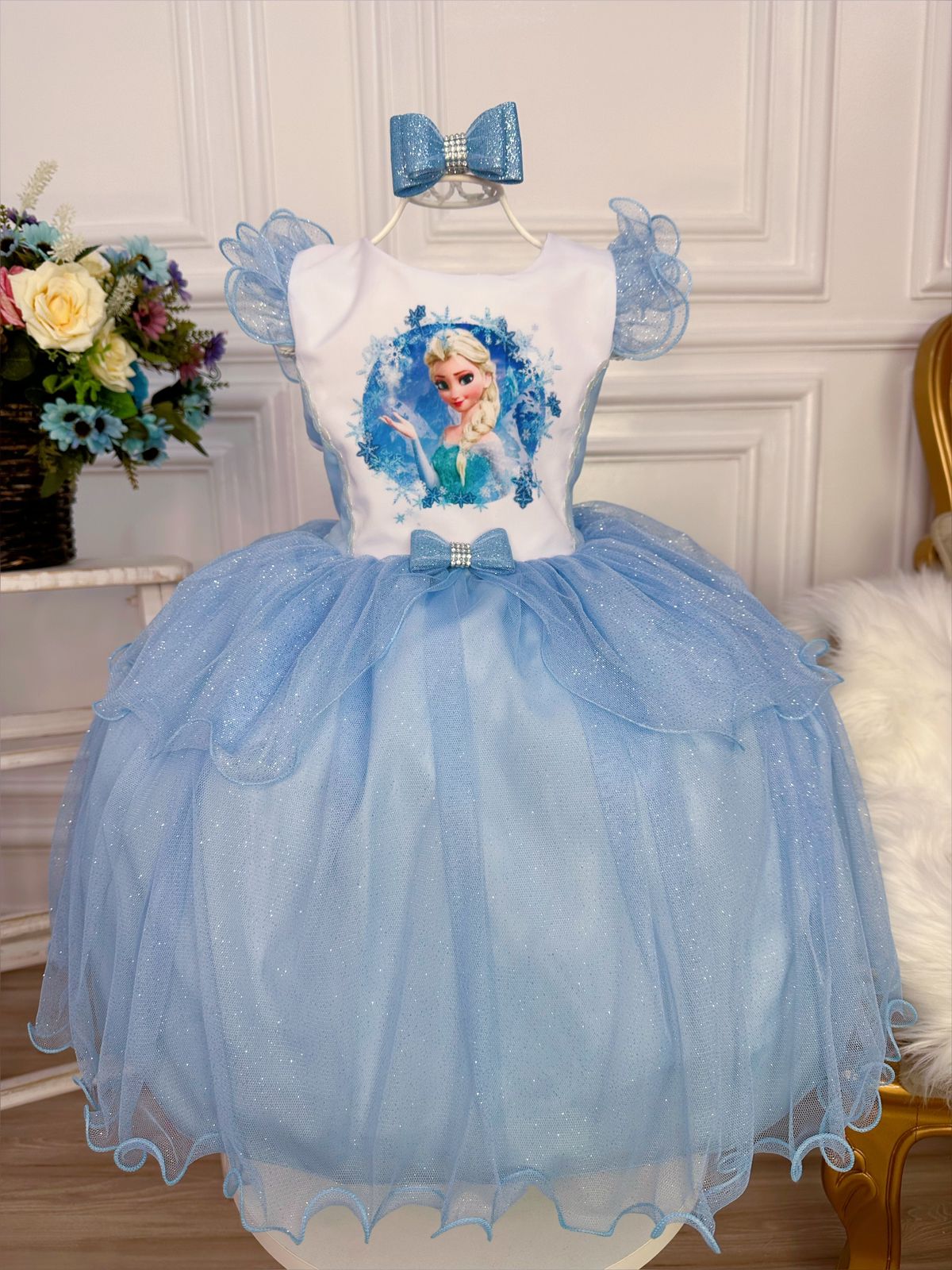 Vestido Infantil Princesa Elsa Frozen Azul C/ Laço e Glitter