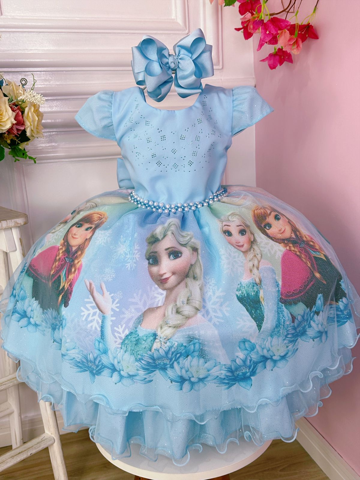 Vestido Infantil Princesa Elsa Frozen Pérolas Gelo Strass