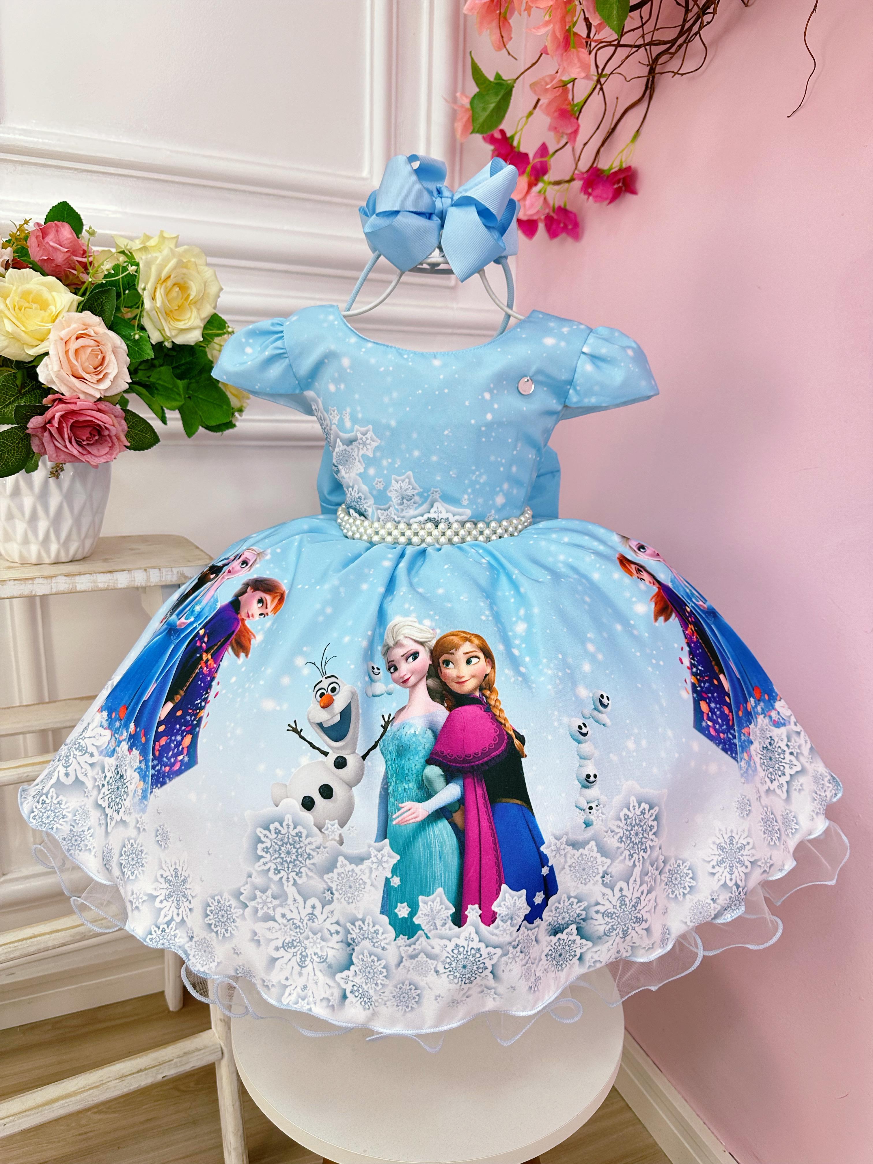 Vestido Infantil Princesa Frozen Elsa Gelo Azul e Branco