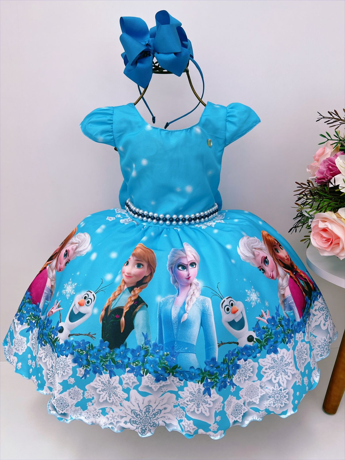Vestido Infantil Princesa Frozen Gelo C/ Pérolas Luxo