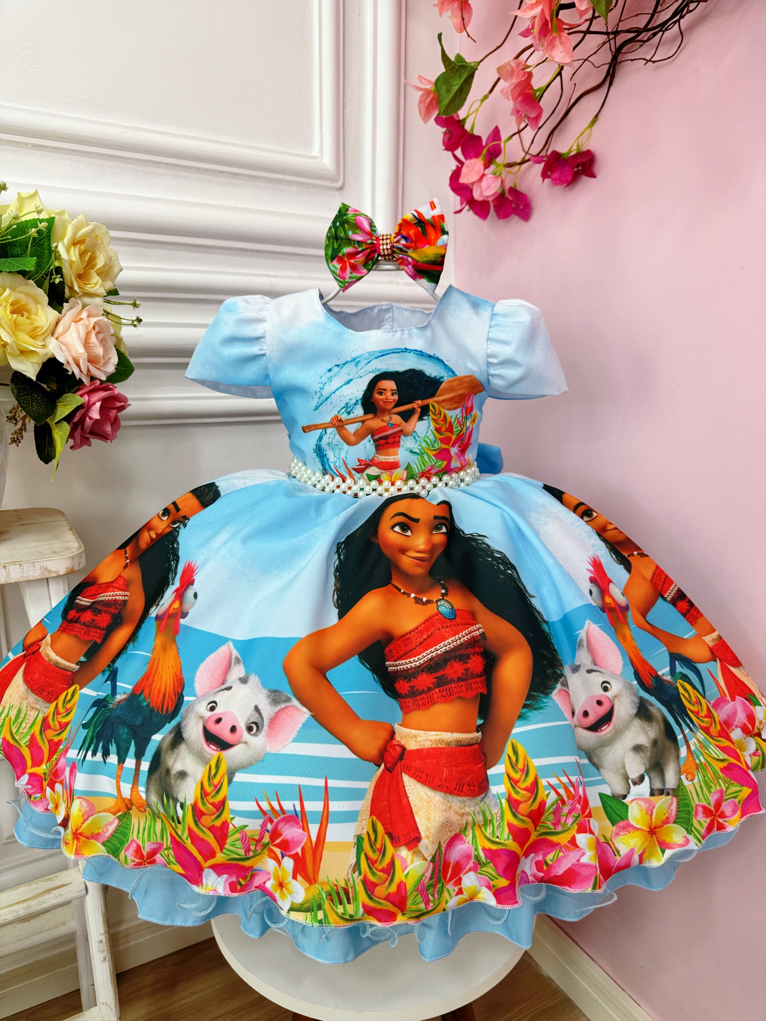 Vestido Infantil Princesa Moana Azul C/ Laço Festas