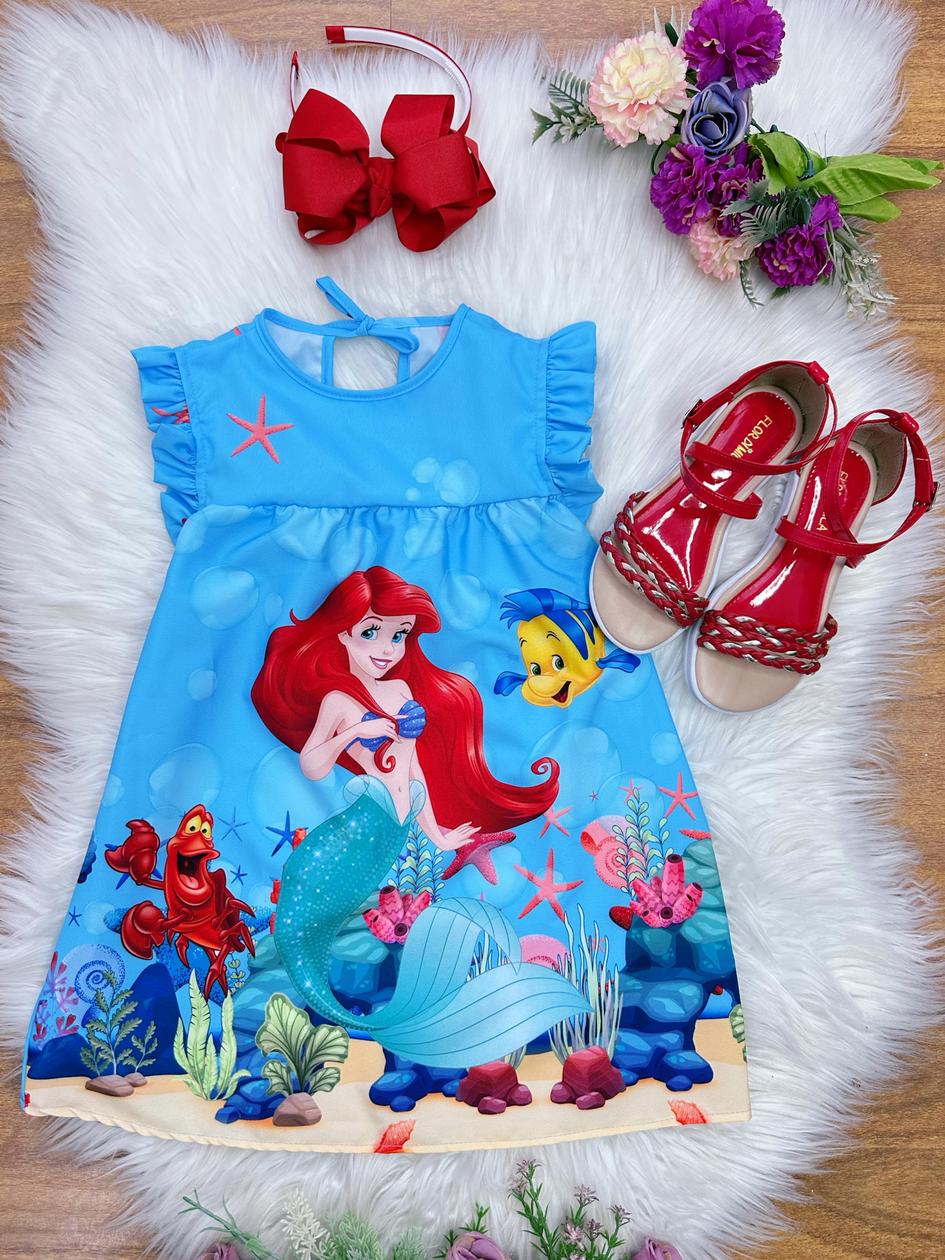 Vestido Infantil Trapézio da Ariel e Linguado Manga Flu-Flu