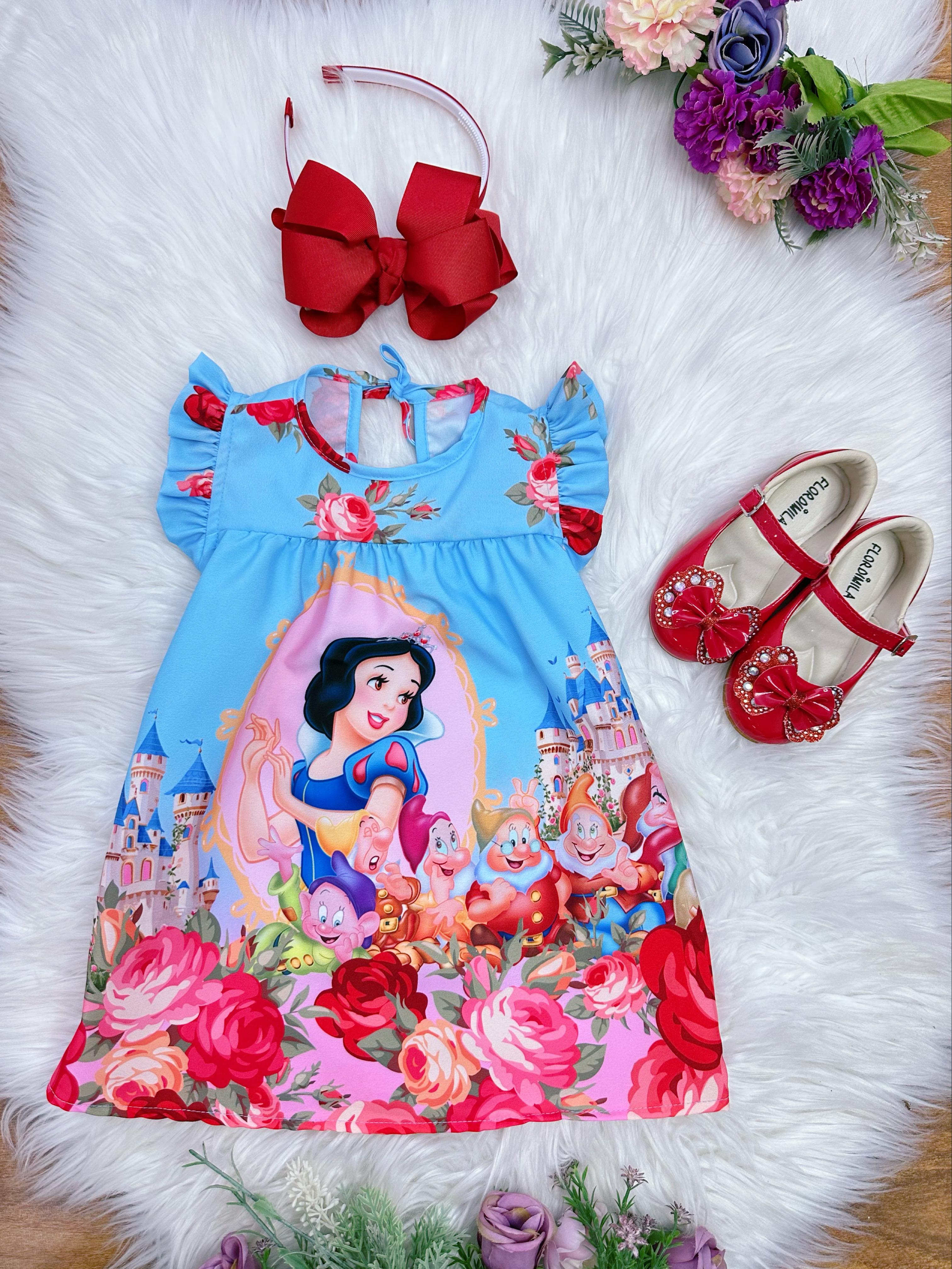 Vestido Infantil Trapézio da Branca de Neve Manga Flu-Flu