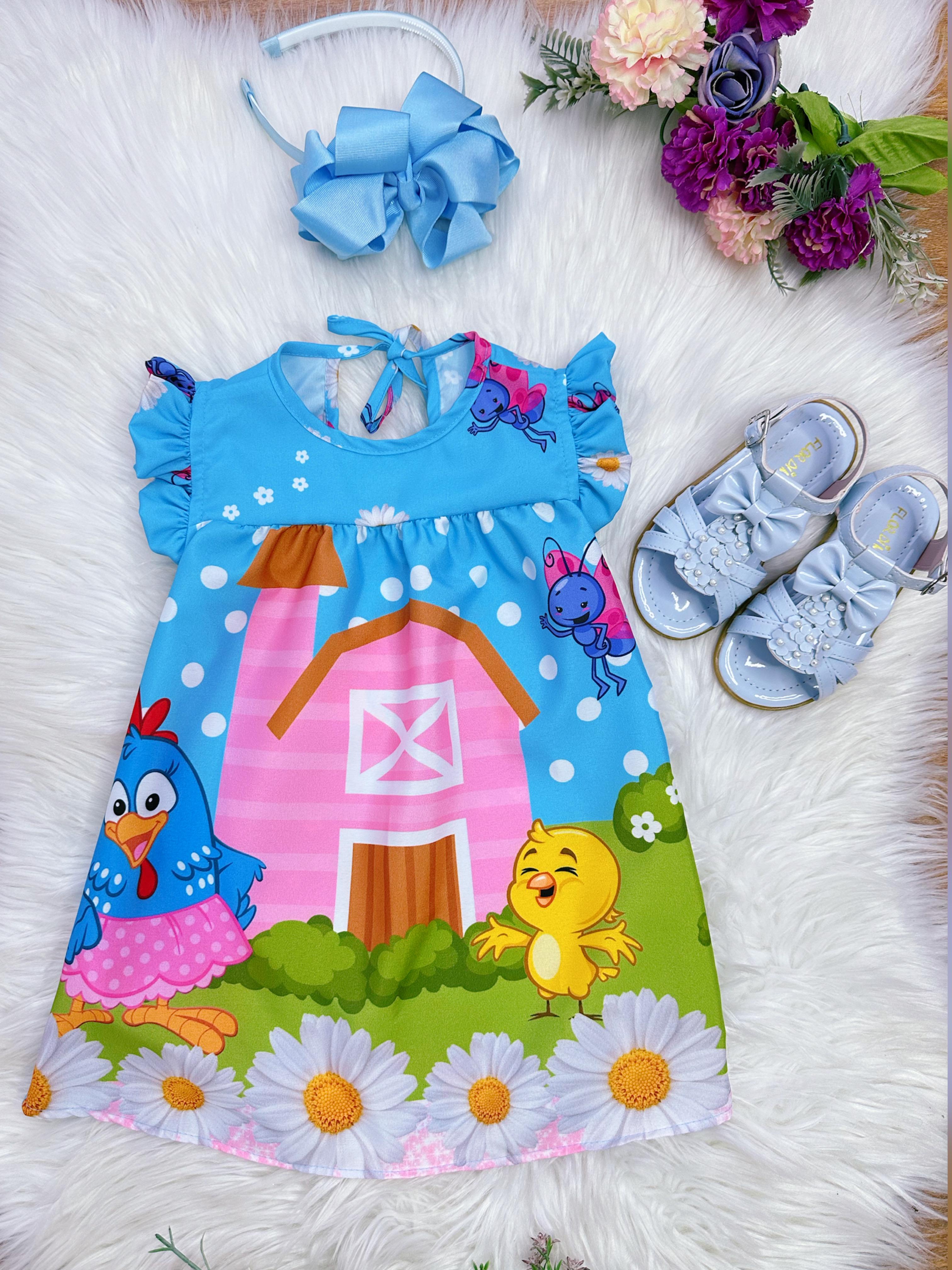 Vestido Infantil Trapézio da Galinha Pintadinha Manga Flu-Flu