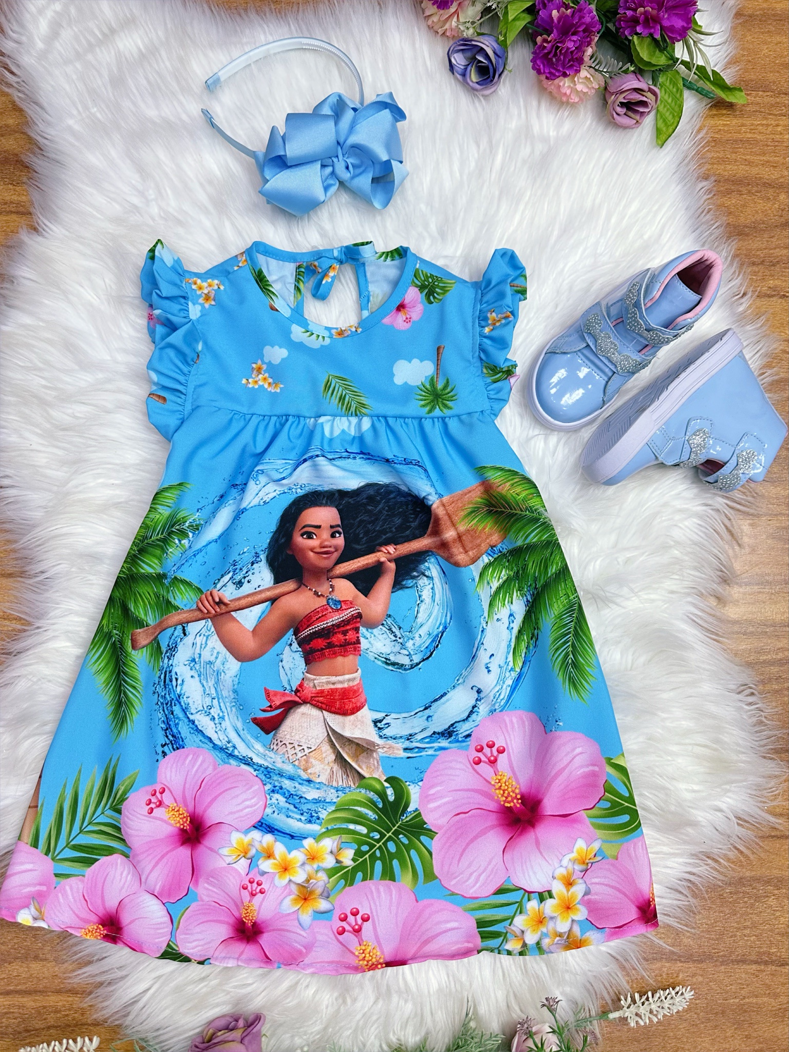 Vestido Infantil Trapézio da Moana Azul Manga Flu-Flu