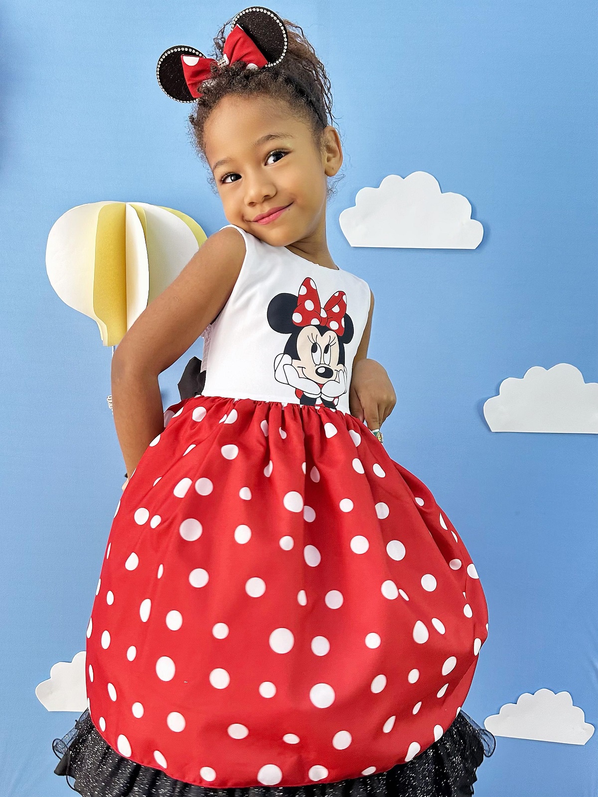 Vestido Infantil Minnie Vermelho Luxo Bolas Brancas C/Tiara