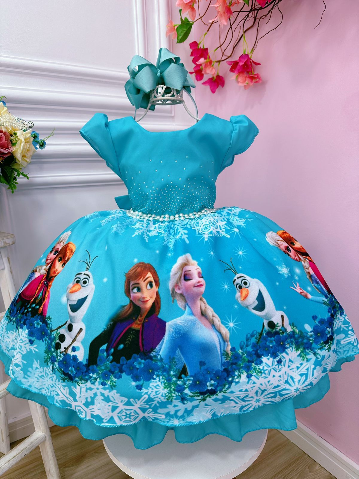 Vestido Infantil Princesa Frozen Elsa Gelo Pérolas Festa