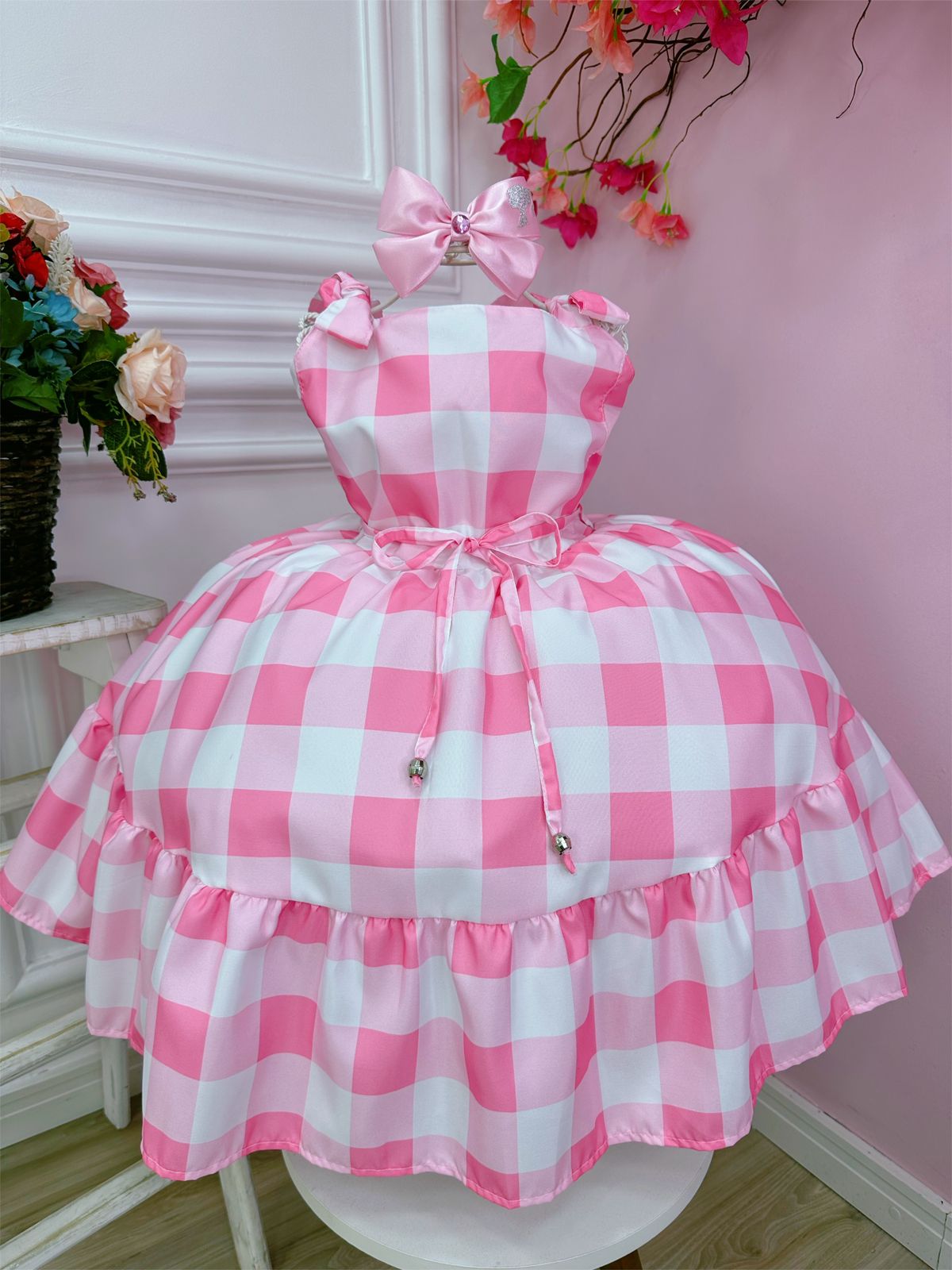 Vestido Infantil Xadrez Barbie Rosa Bebê Com Laço