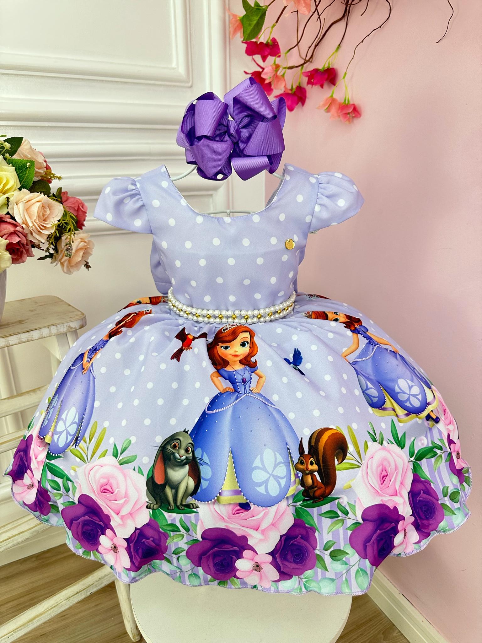 Vestido Infantil Sofia Lilás Bolinhas Princesa Cinto Pérolas