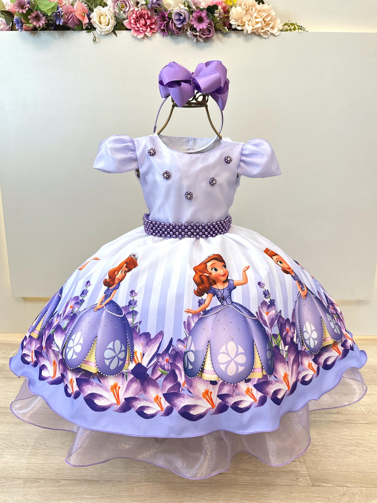 Vestido Infantil Princesa Sofia Lilás Aplique Pérolas Luxo