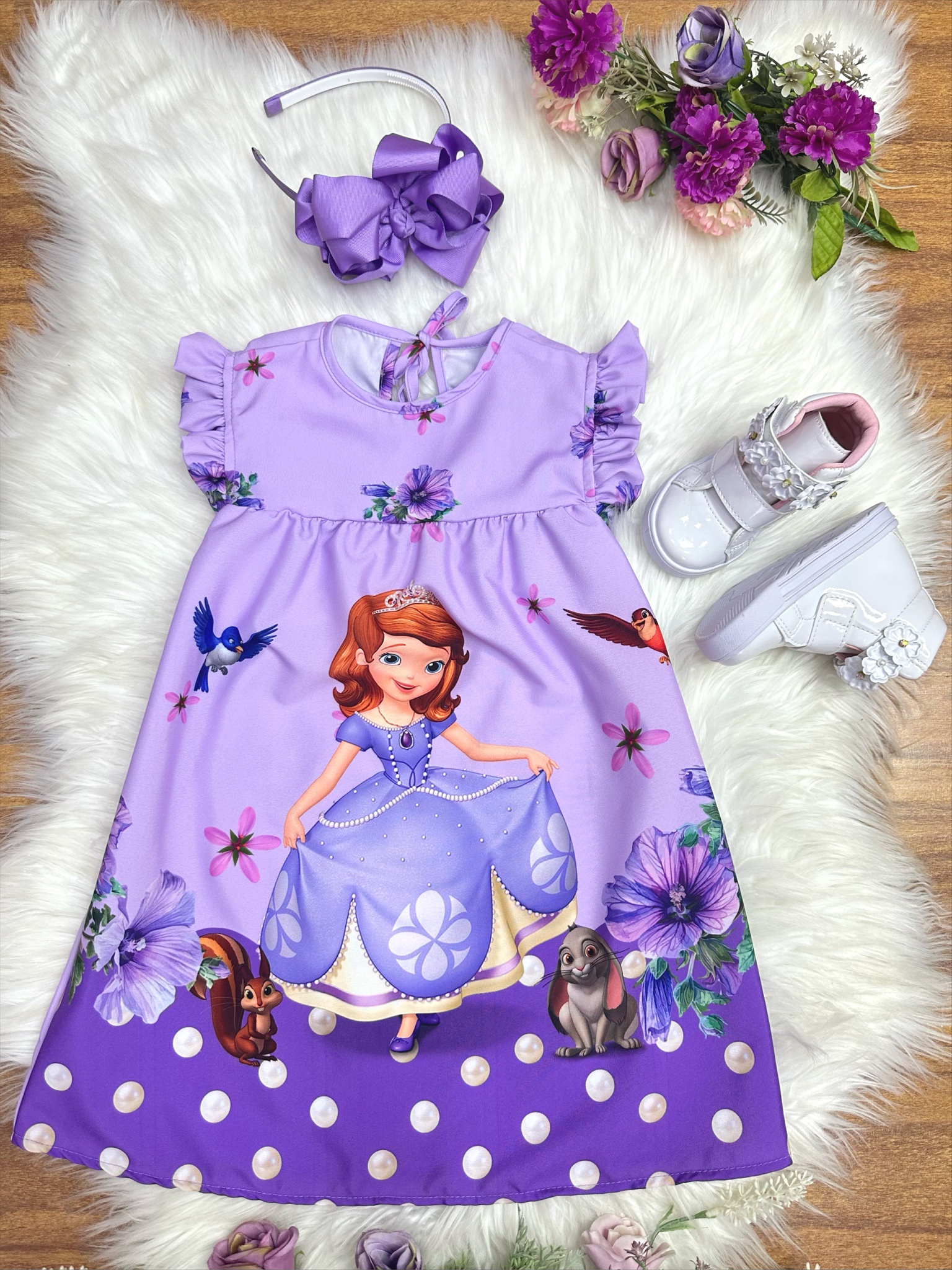 Vestido Infantil Trapézio da Princesa Sofia Azul Manga Flu-Flu