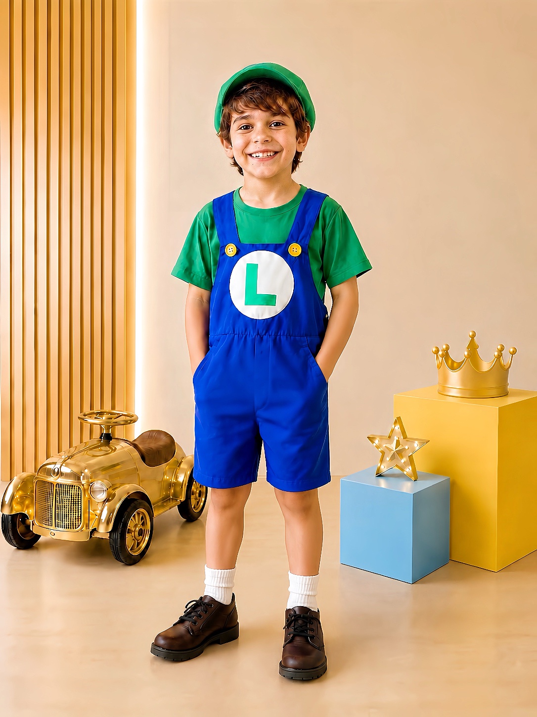 Conjunto Fantasia Infantil Macacão e Camiseta Luigi Verde Azul