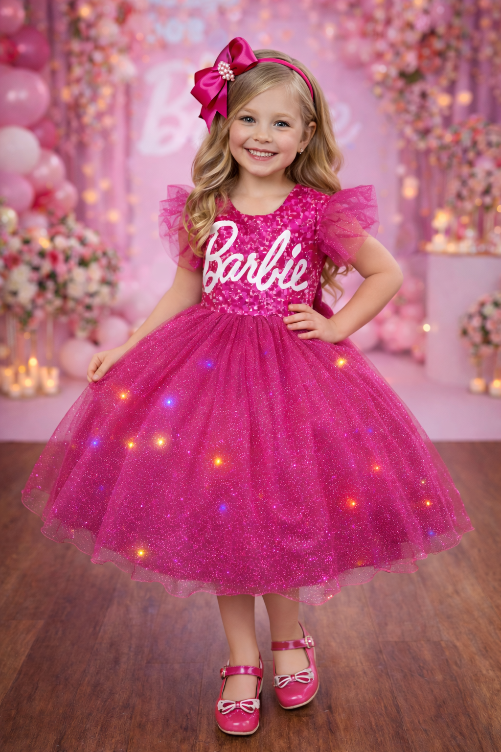 Vestido infantil da Barbie Pink Saia Com Leds Festas