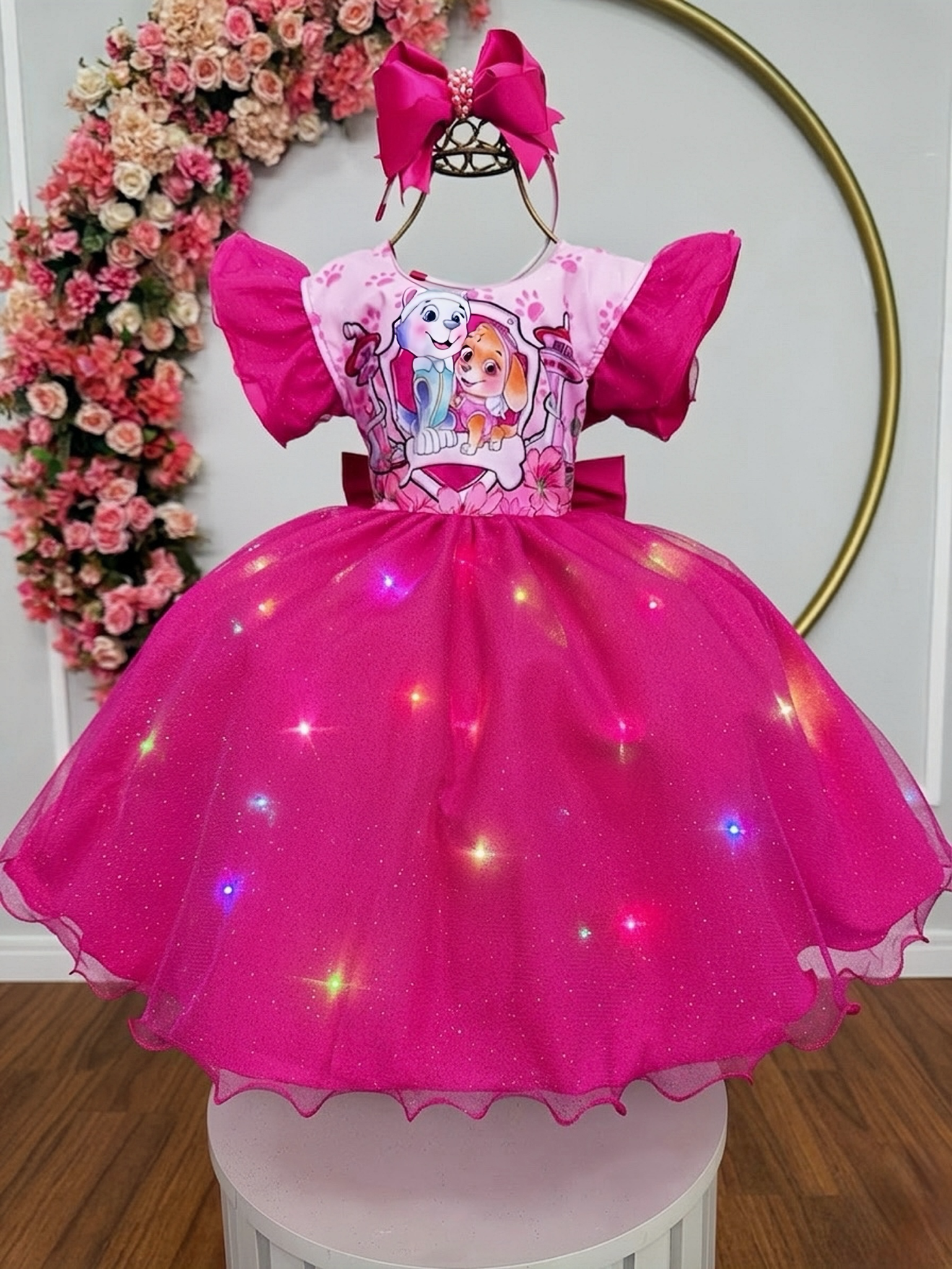 Vestido Infantil Patrulha Canina Skye Pink Saia C/ Leds Festas