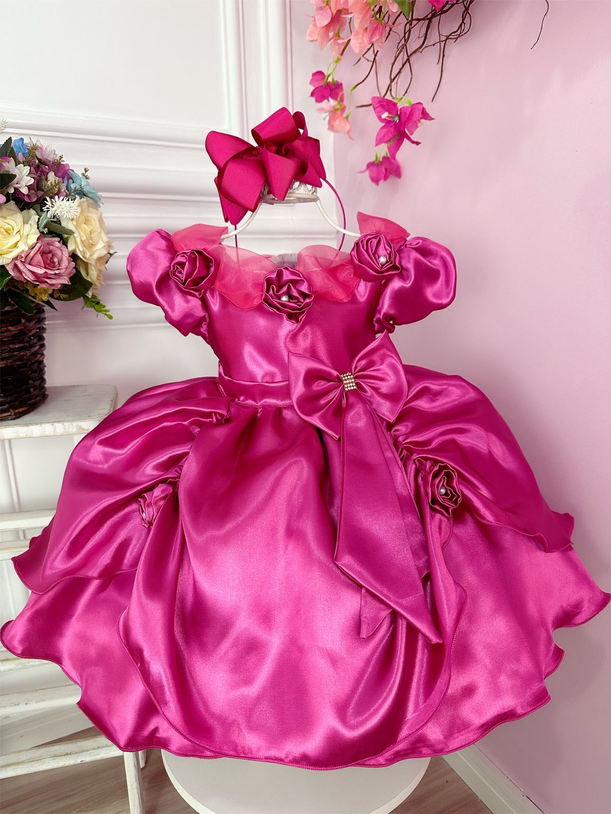 Vestido Infantil Pink Aplique Flor Princesas