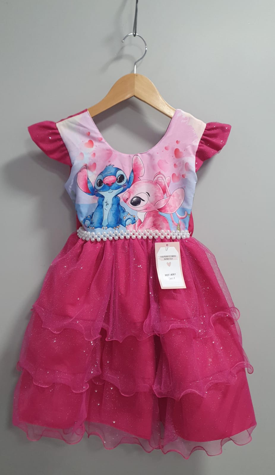 Vestido Infantil Pink Lilo Stitch e Angel Saia Babado Festas
