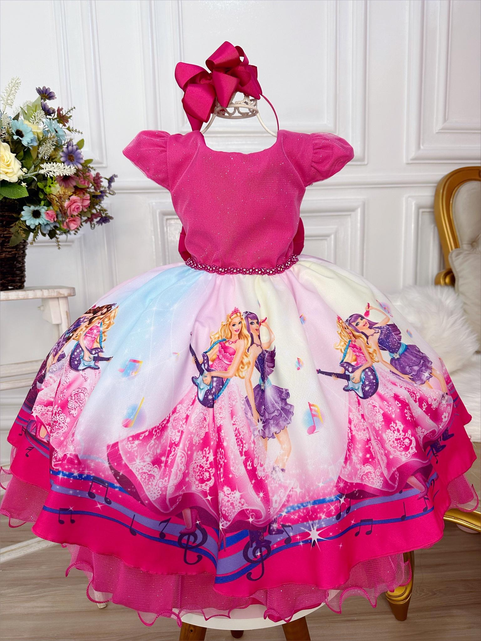 Vestido Infantil Barbie Princesa Festa Pink Peito Glitter