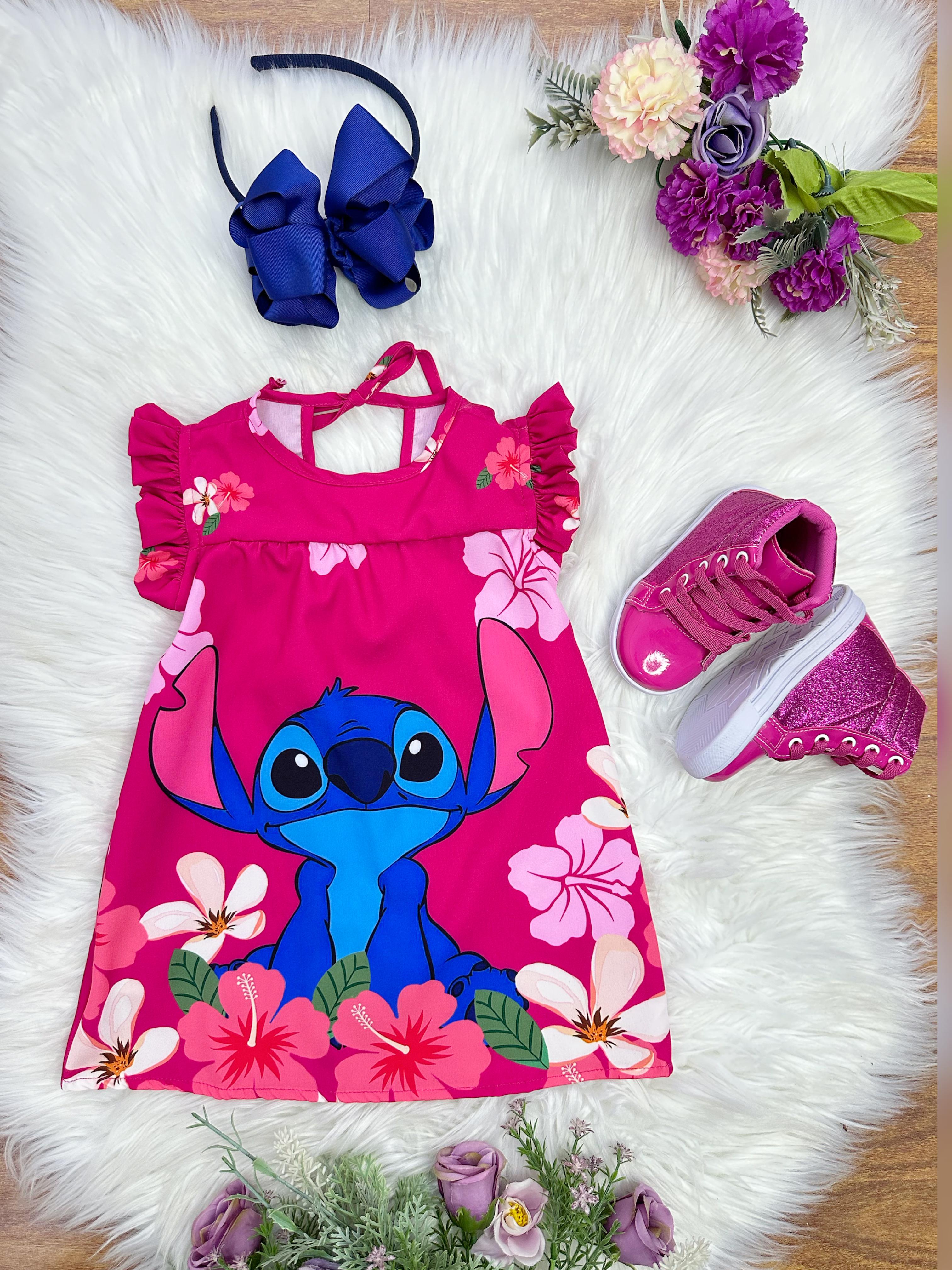 Vestido Infantil Trapézio Lilo Stitch e Angel Pink Manga Flu-Flu