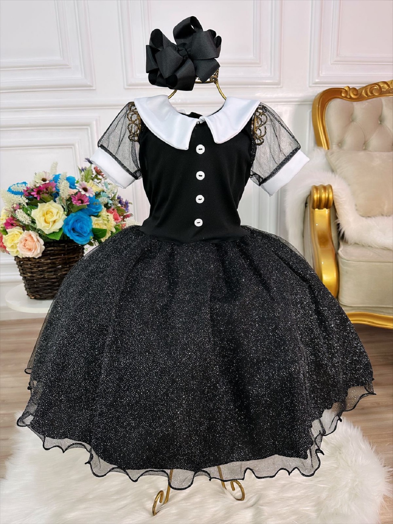 Fantasia Wandinha Infantil Preto Gola Branca C/ Glitter