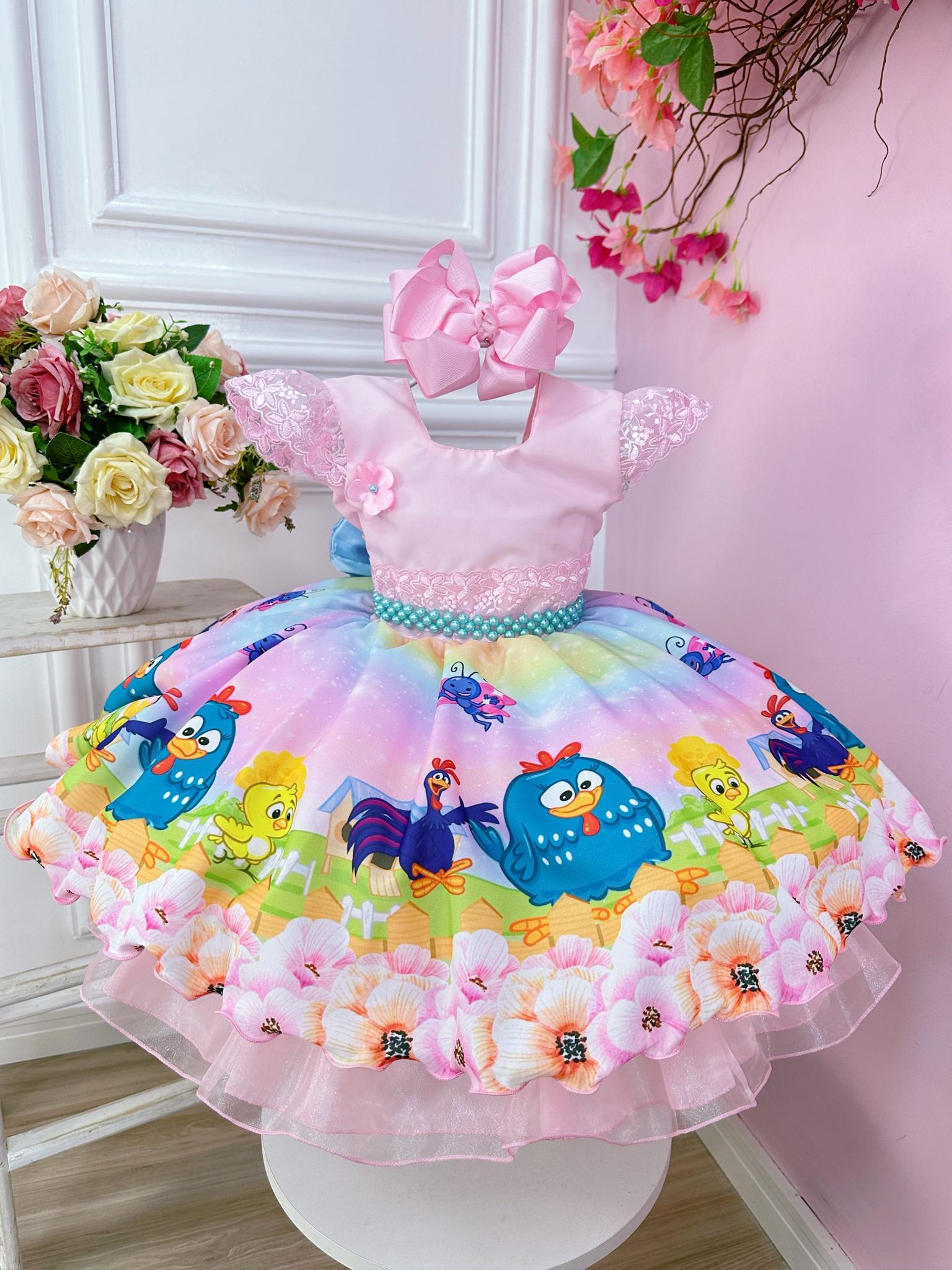 Vestido Infantil Galinha Rosa Cinto Pérolas Luxo