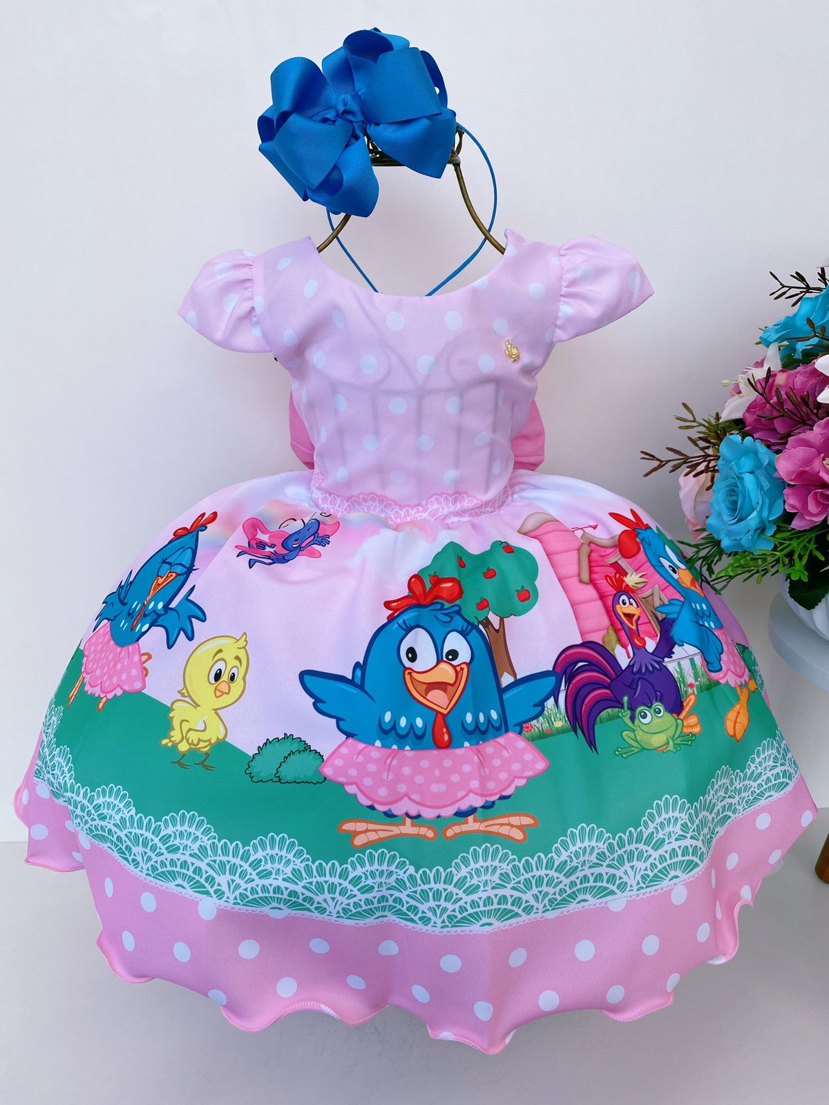 Vestido Infantil Galinha Rosa Luxo Festas Bolinhas