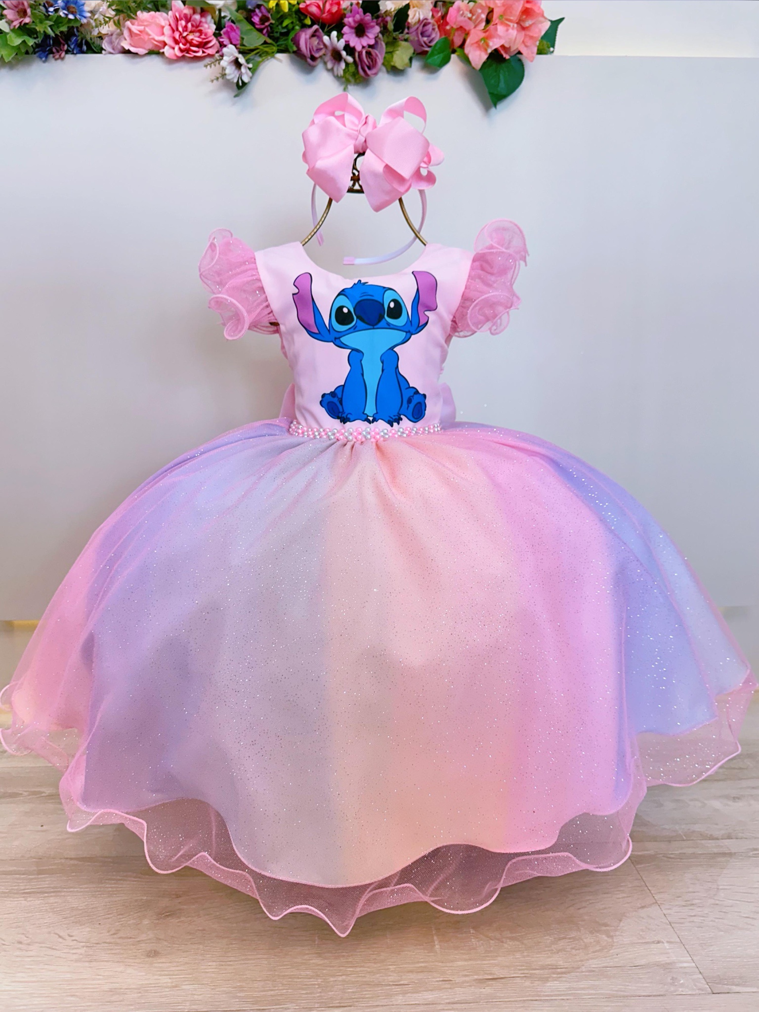 Vestido Infantil Lilo Stitch e Angel Rosa Saia Colorida