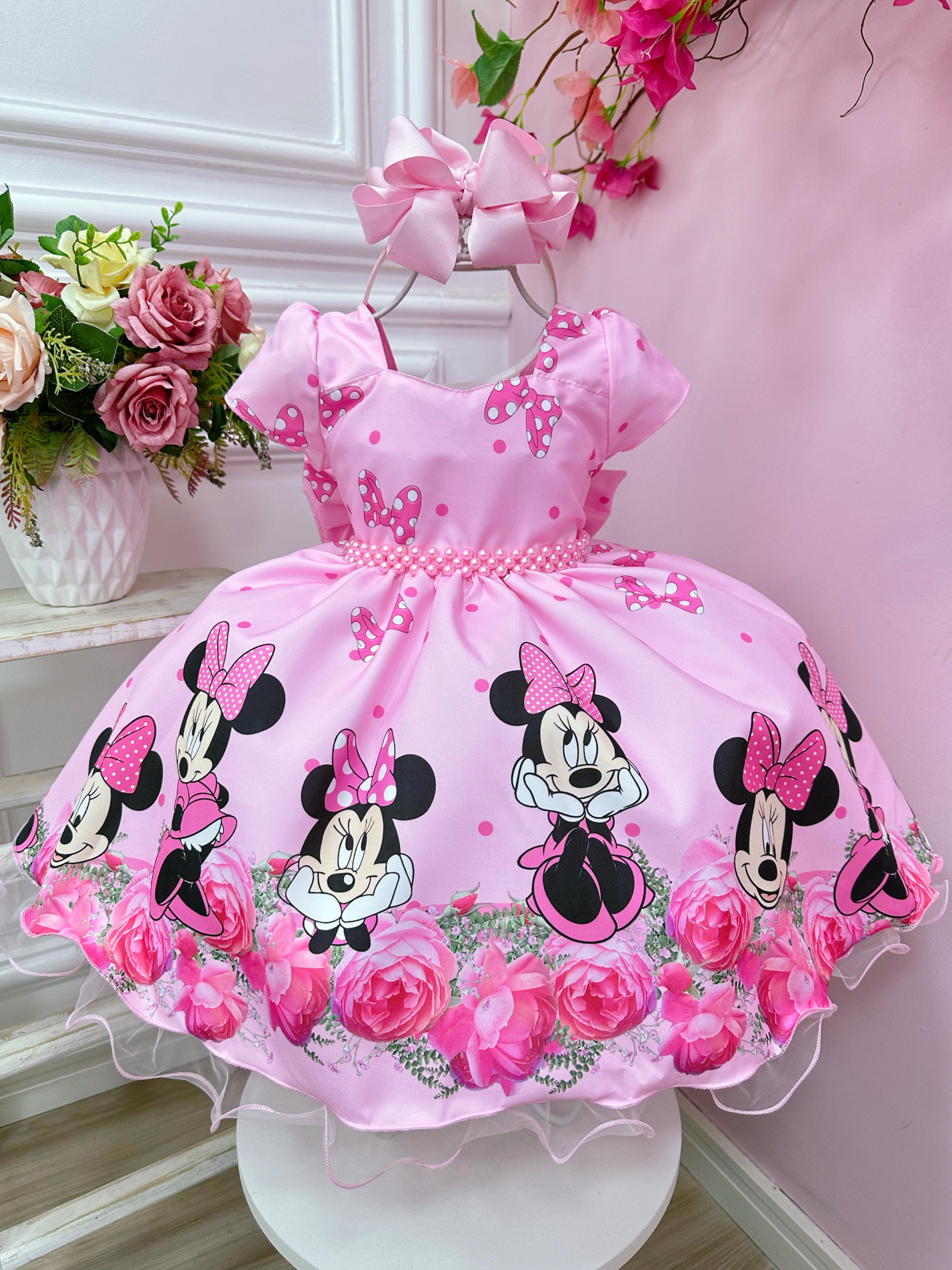 Vestido Infantil Minnie Rosa Com Cinto de Perolas Festas