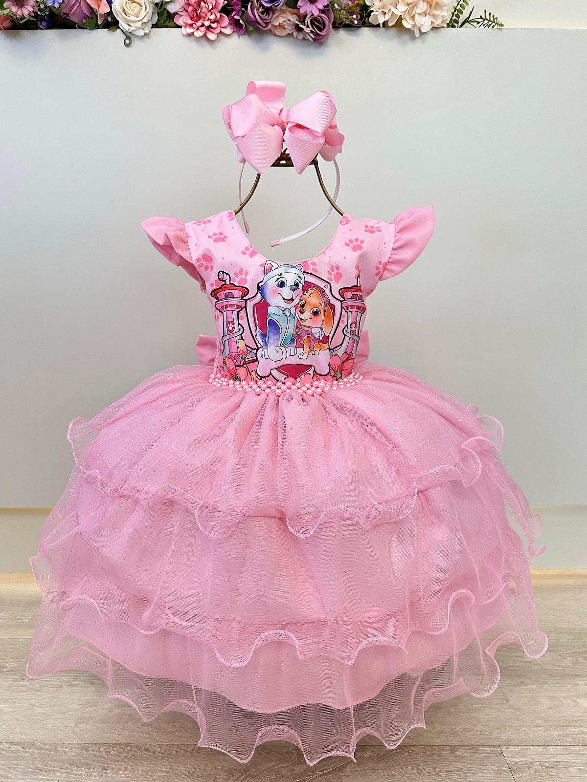 Vestido Infantil Patrulha Canina Skye Rosa Claro Festas