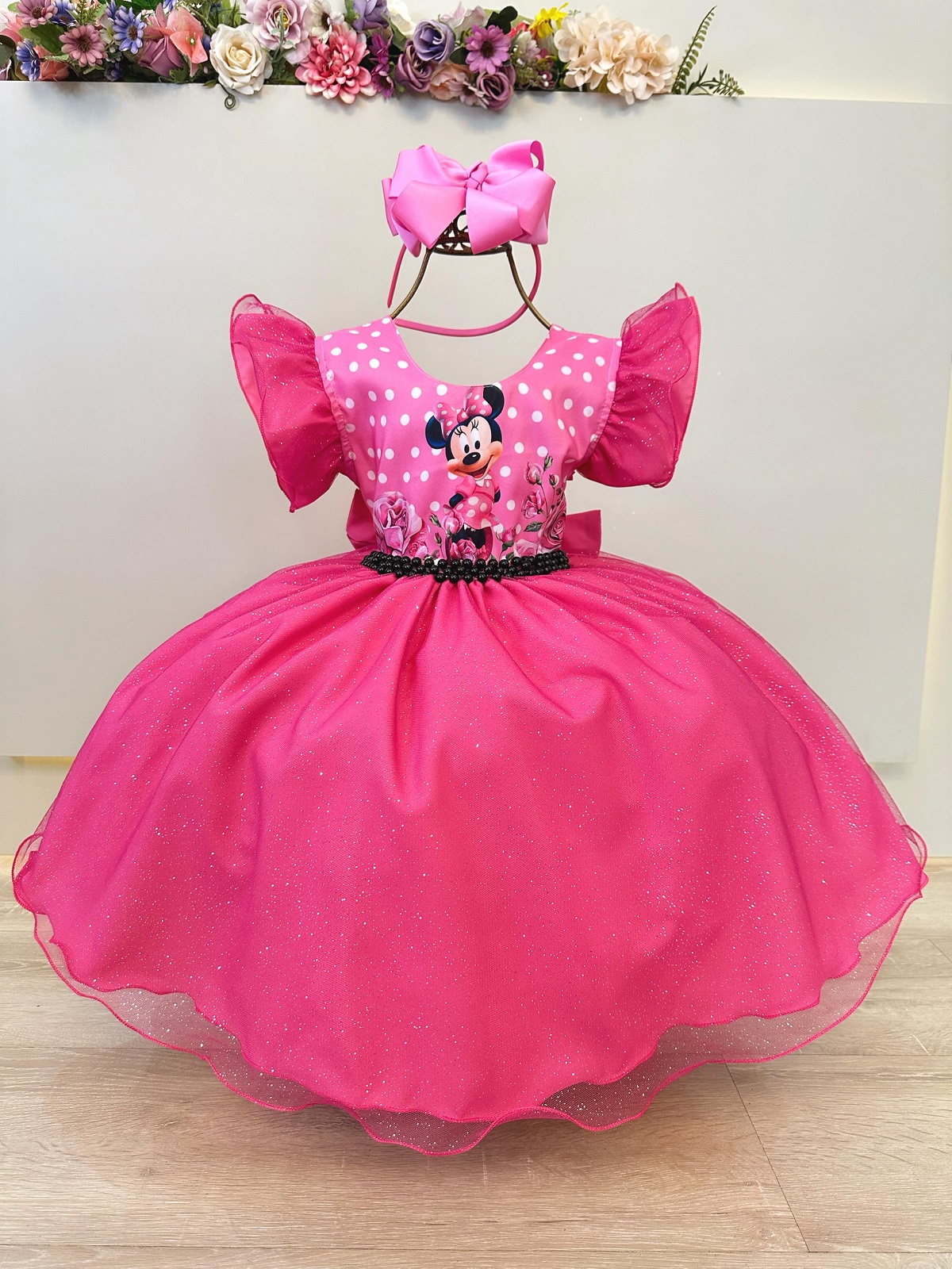 Vestido Infantil Rosa Chiclete Minnie Saia C/ Glitter Festas