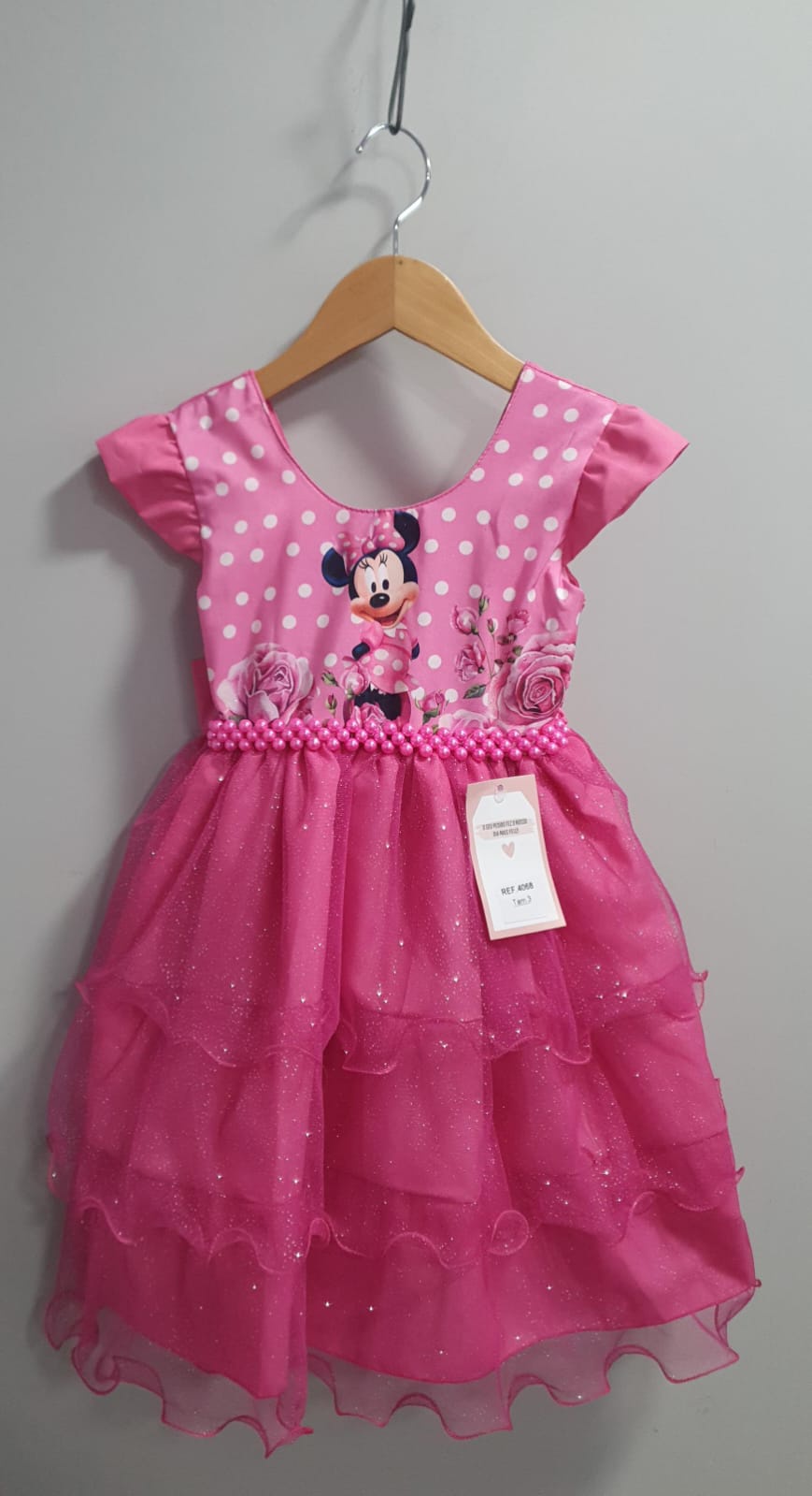 Vestido Infantil Rosa Chiclete Minnie Saia C/ Glitter Festas
