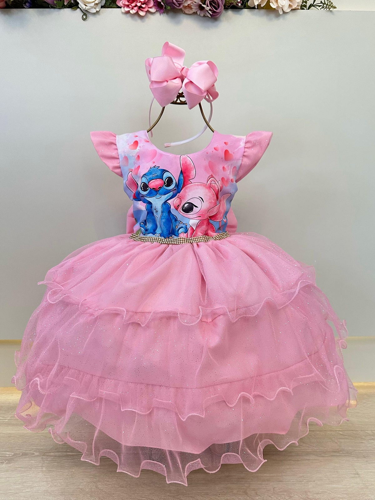 Vestido Infantil Rosa Claro Lilo Stitch e Angel Festas